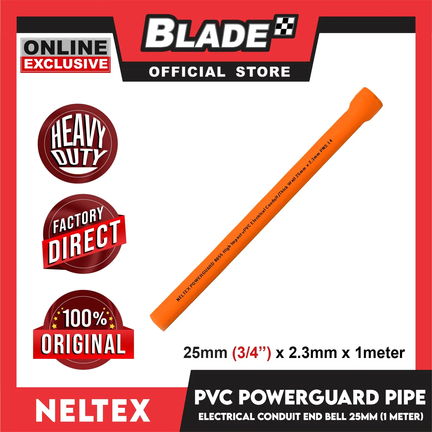 Neltex PVC Powerguard Pipe (Orange) 25mm x 1meter with Bell Electrical Conduit