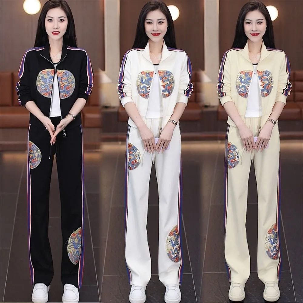 New Chinese-Style Sports Set for Women – Spring/Autumn Slimming Printed Jacket & Casual Pants Two-Piece
