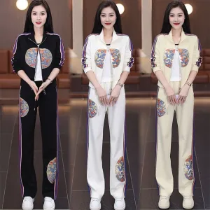 New Chinese-Style Sports Set for Women – Spring/Autumn Slimming Printed Jacket & Casual Pants Two-Piece