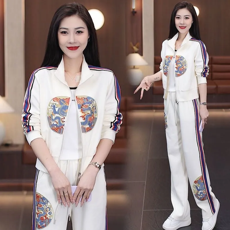 New Chinese-Style Sports Set for Women – Spring/Autumn Slimming Printed Jacket & Casual Pants Two-Piece