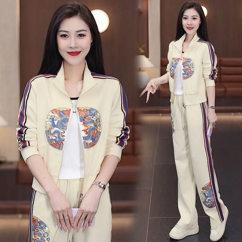 New Chinese-Style Sports Set for Women – Spring/Autumn Slimming Printed Jacket & Casual Pants Two-Piece