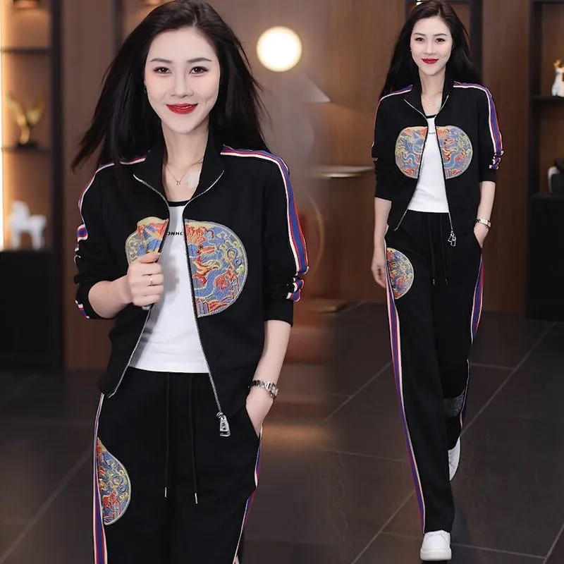 New Chinese-Style Sports Set for Women – Spring/Autumn Slimming Printed Jacket & Casual Pants Two-Piece