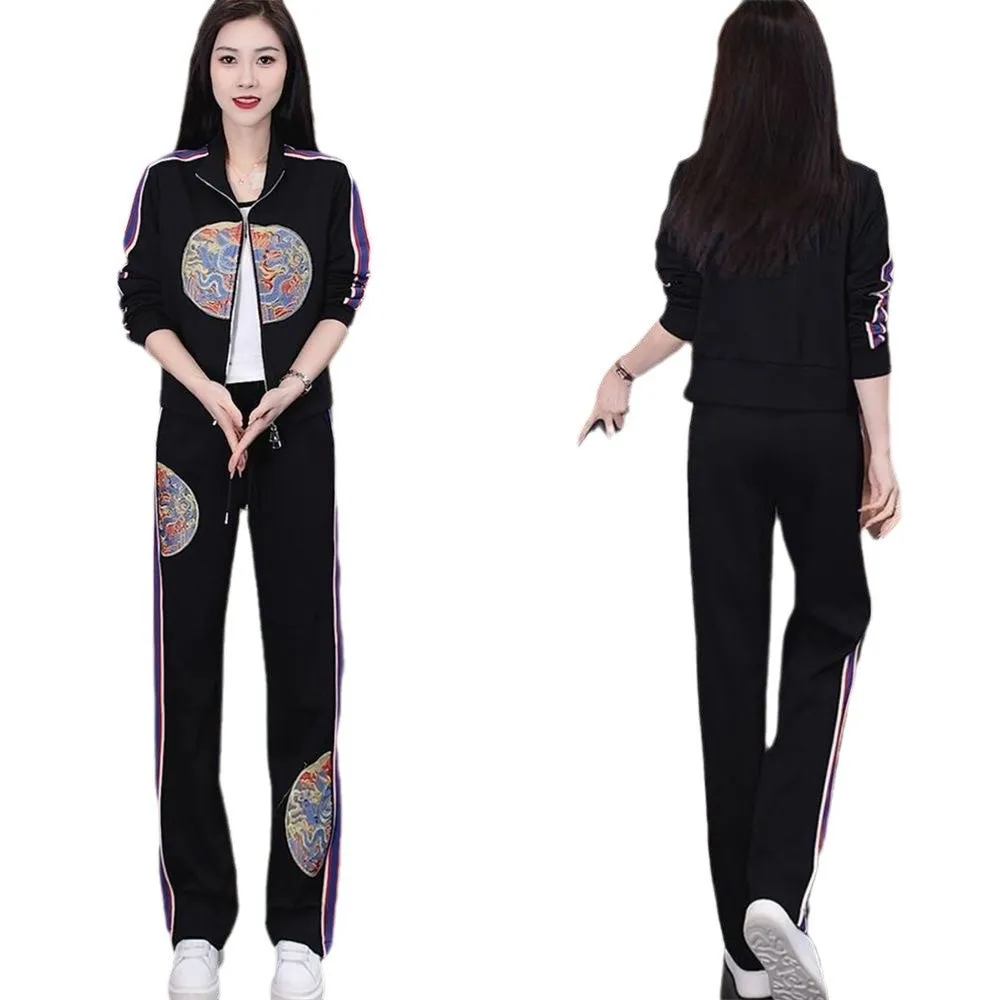 New Chinese-Style Sports Set for Women – Spring/Autumn Slimming Printed Jacket & Casual Pants Two-Piece