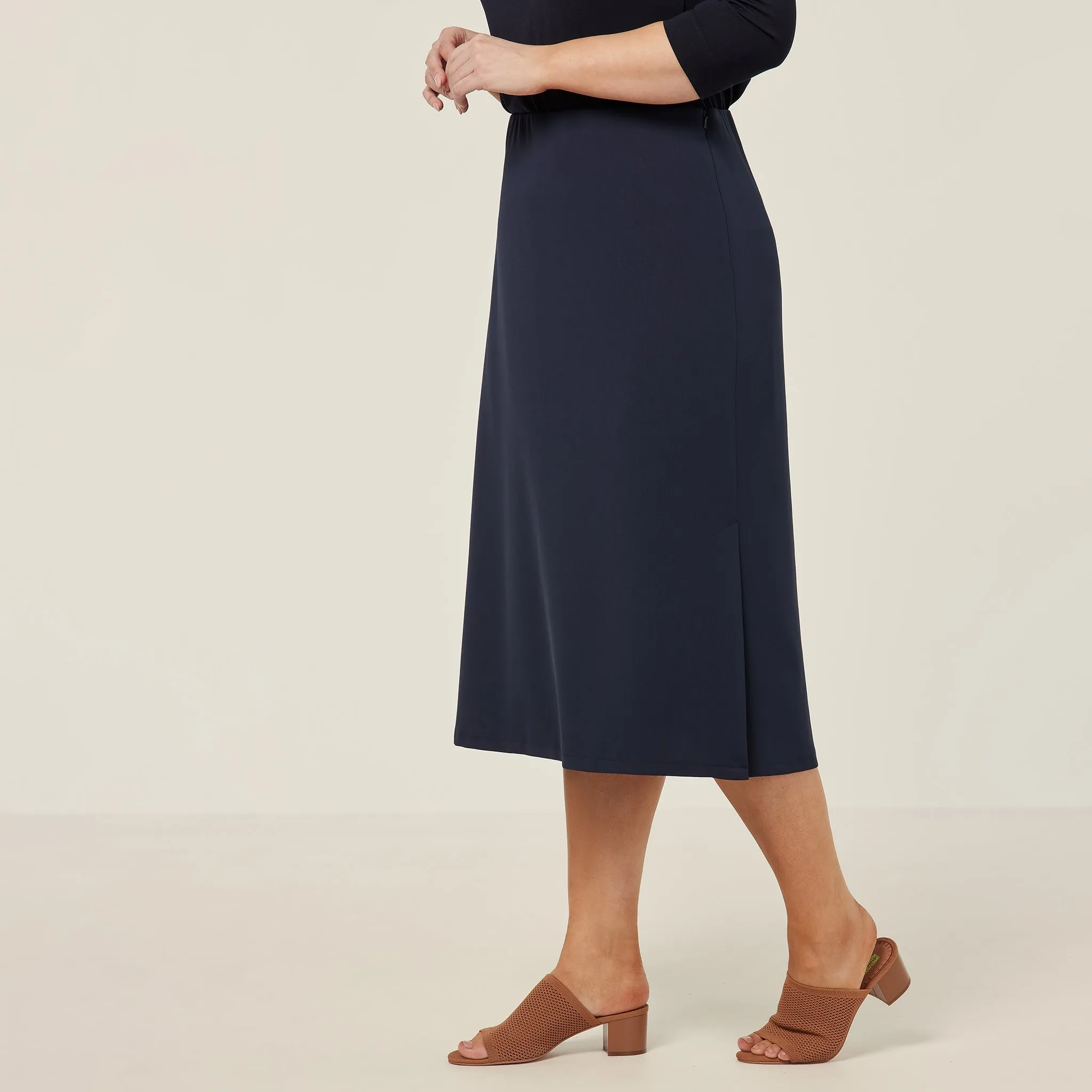 NNT Women's Crepe Stretch Midi A-Line Skirt - Navy