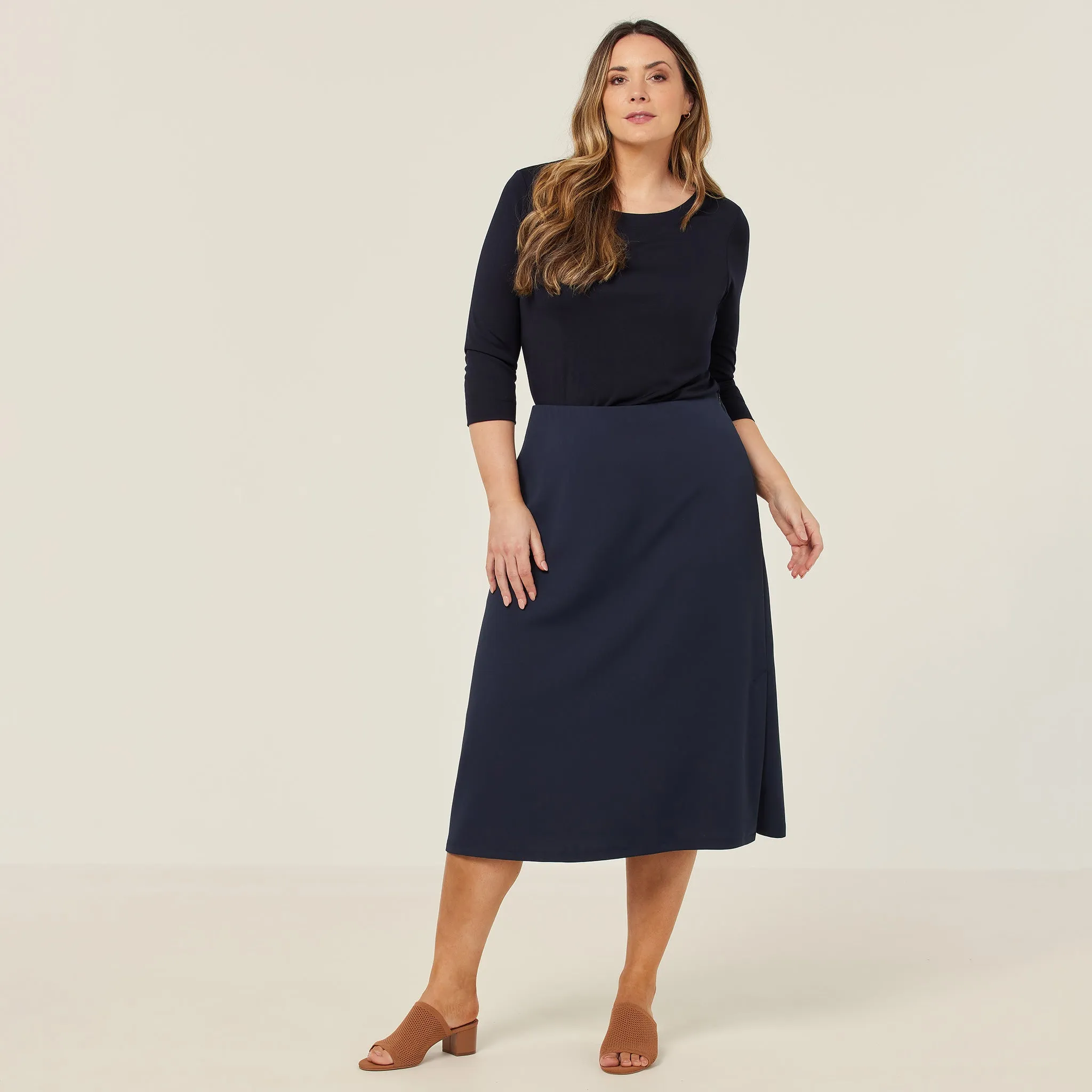 NNT Women's Crepe Stretch Midi A-Line Skirt - Navy