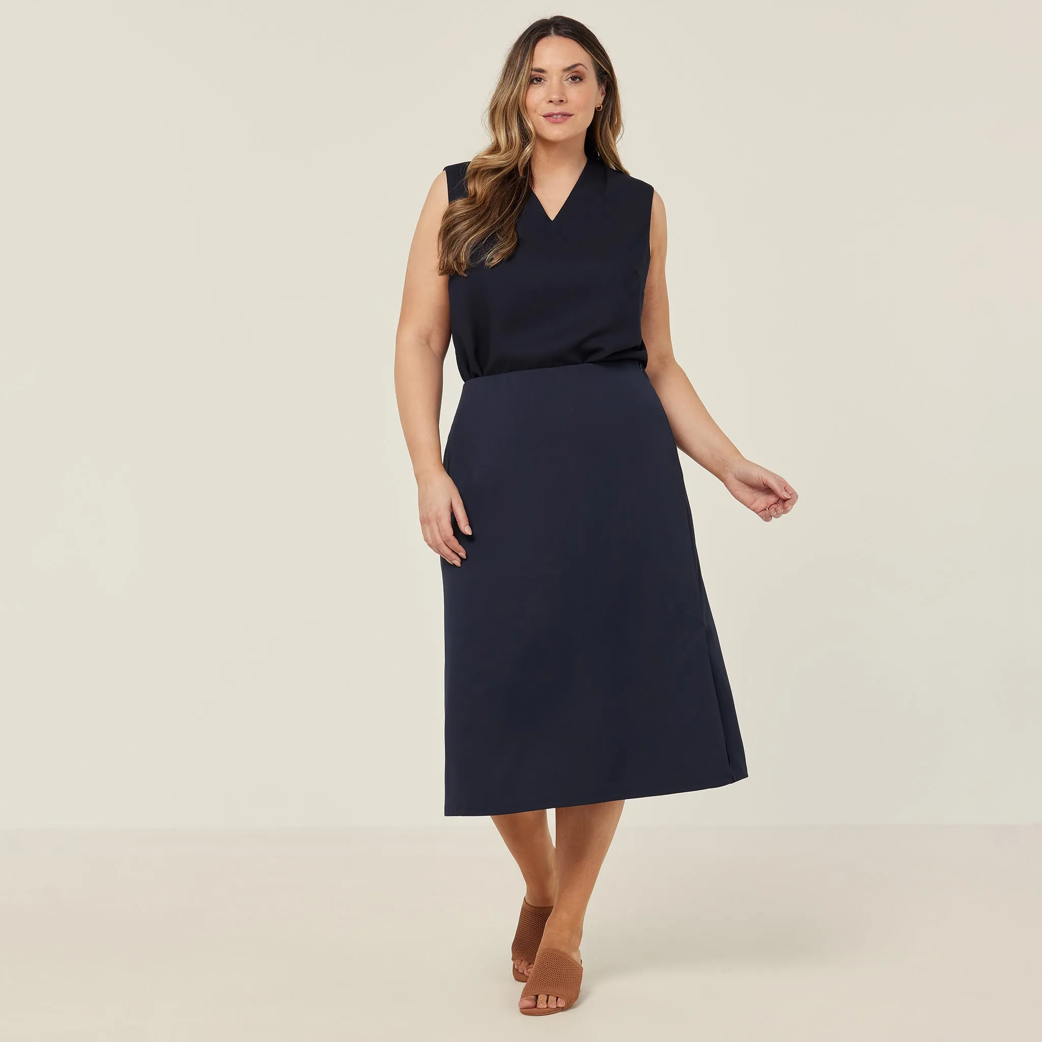 NNT Women's Crepe Stretch Midi A-Line Skirt - Navy