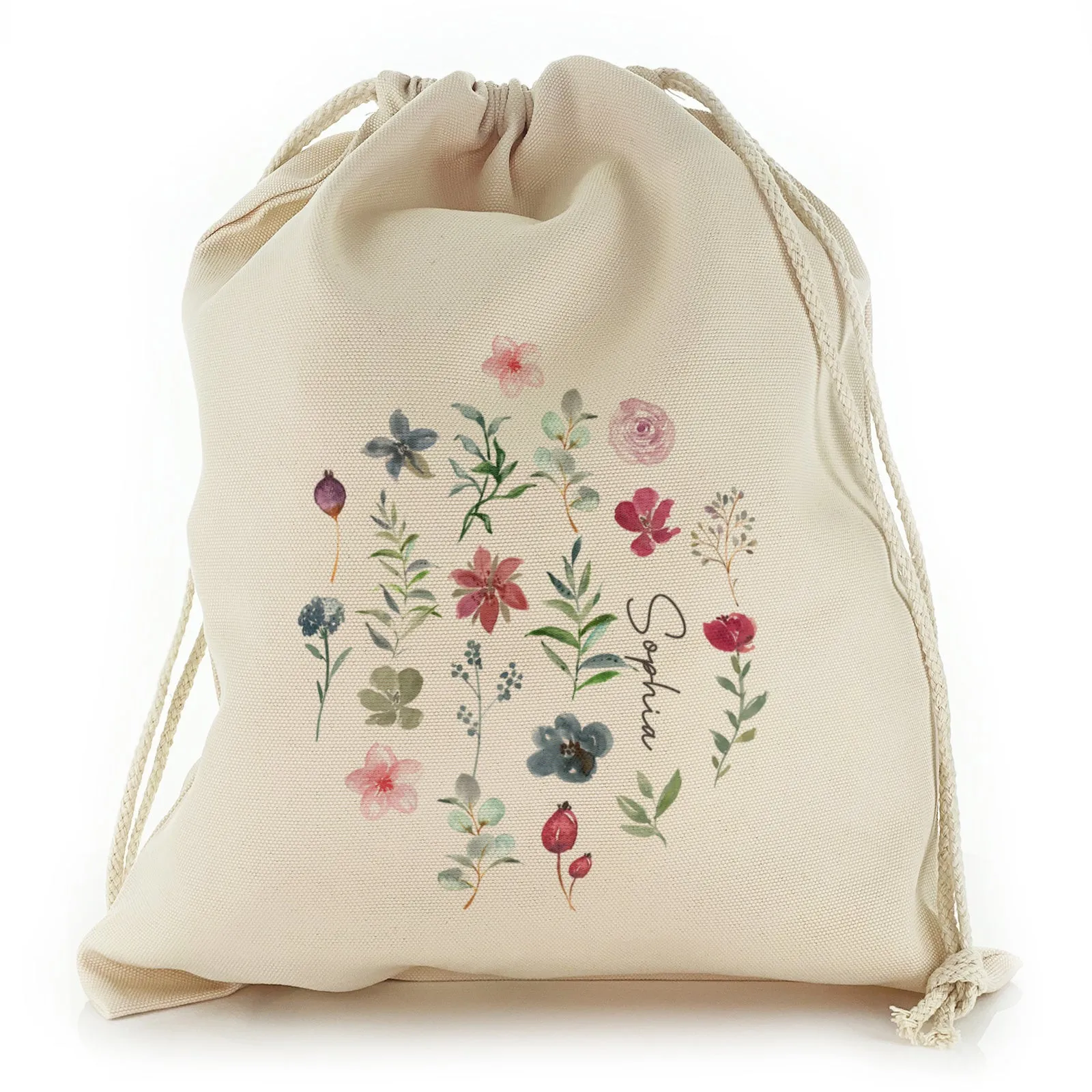 Personalised Canvas Sack with Stylish Text and Purple Flowers Floral Print