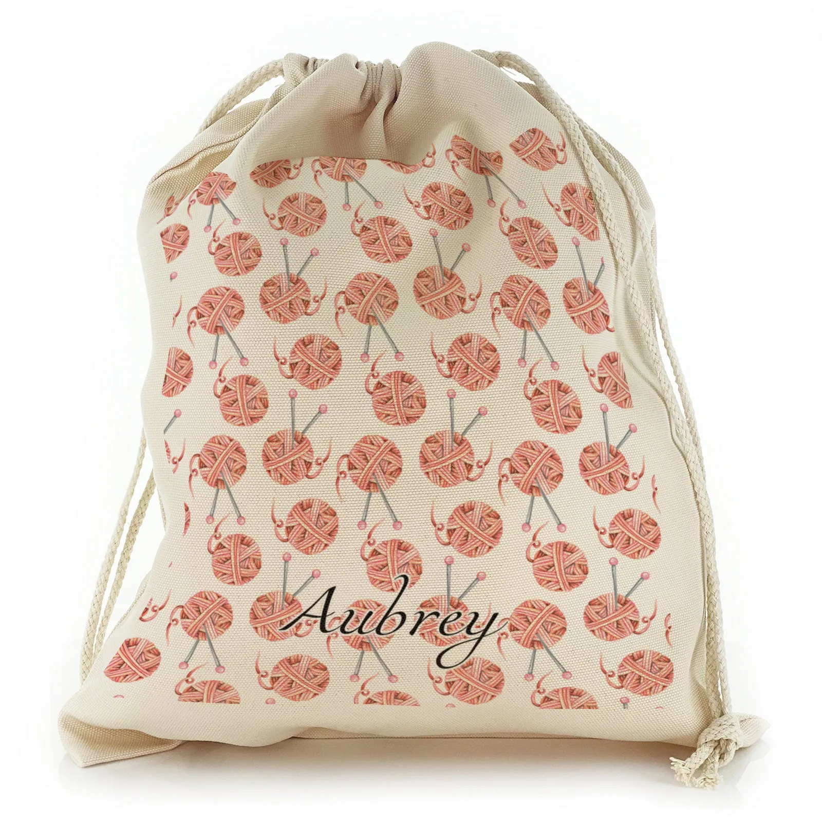 Personalised Canvas Sack with Stylish Text on Red Yarn Ball Pattern
