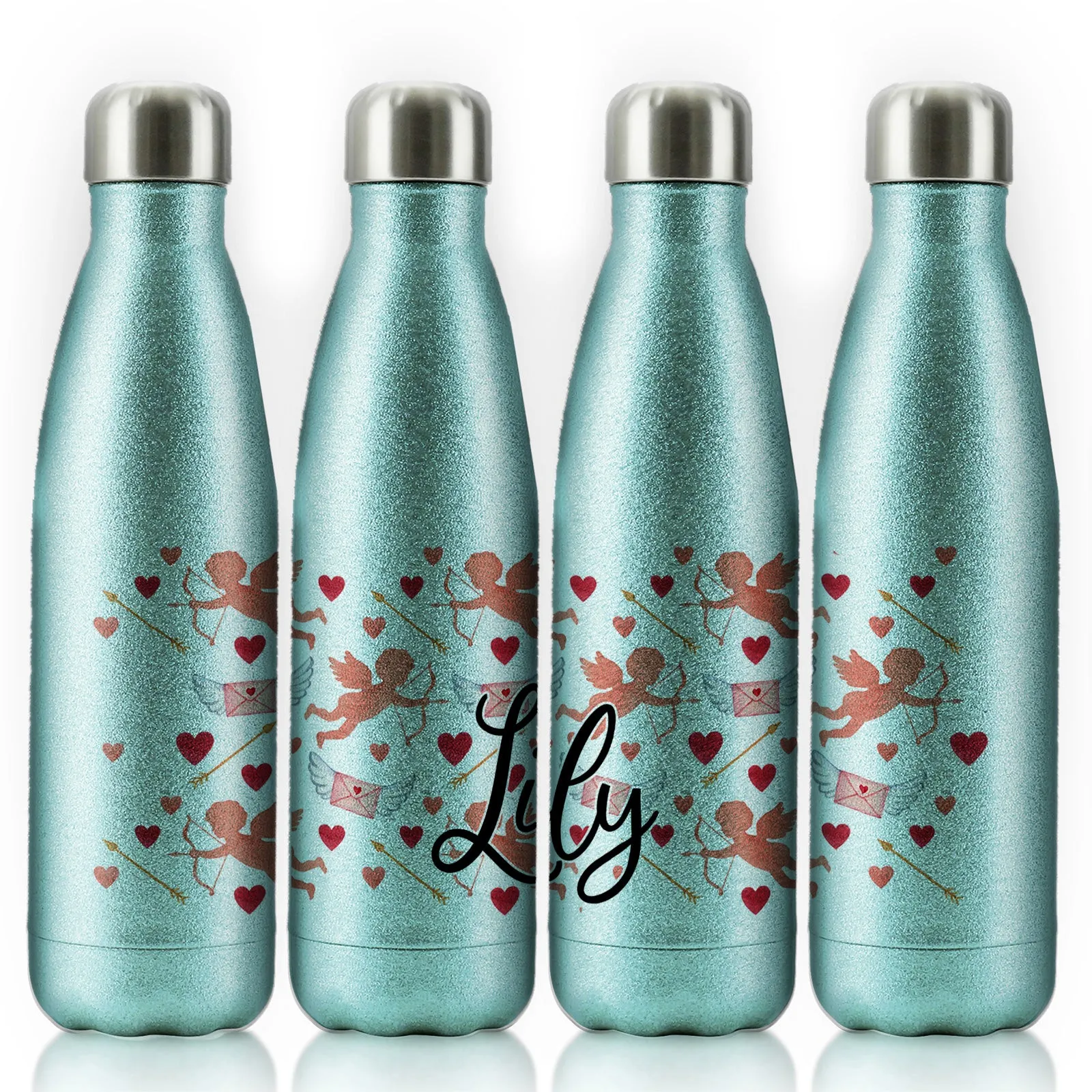 Personalised Cola Bottle with Stylish Text and Cupid Hearts Print