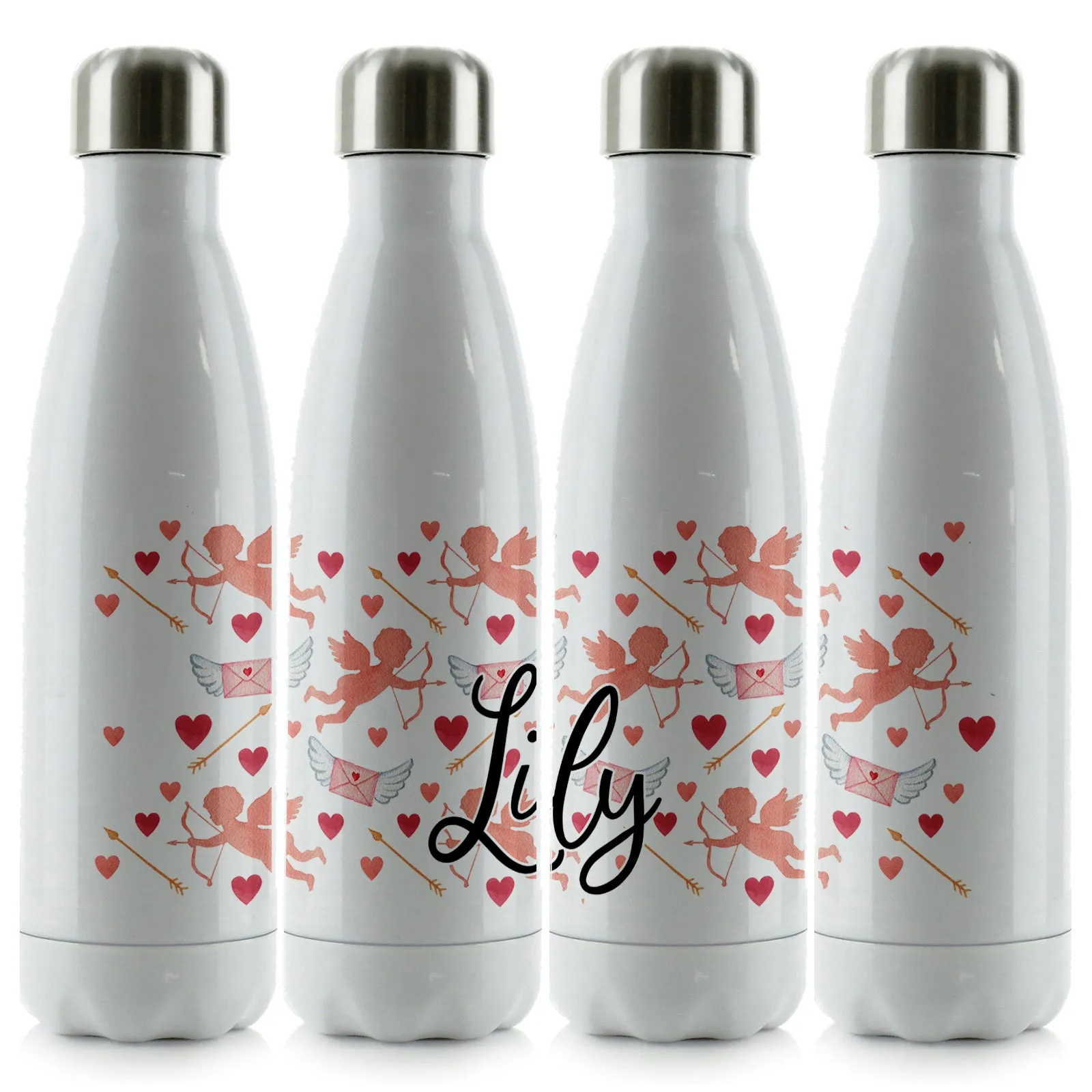 Personalised Cola Bottle with Stylish Text and Cupid Hearts Print