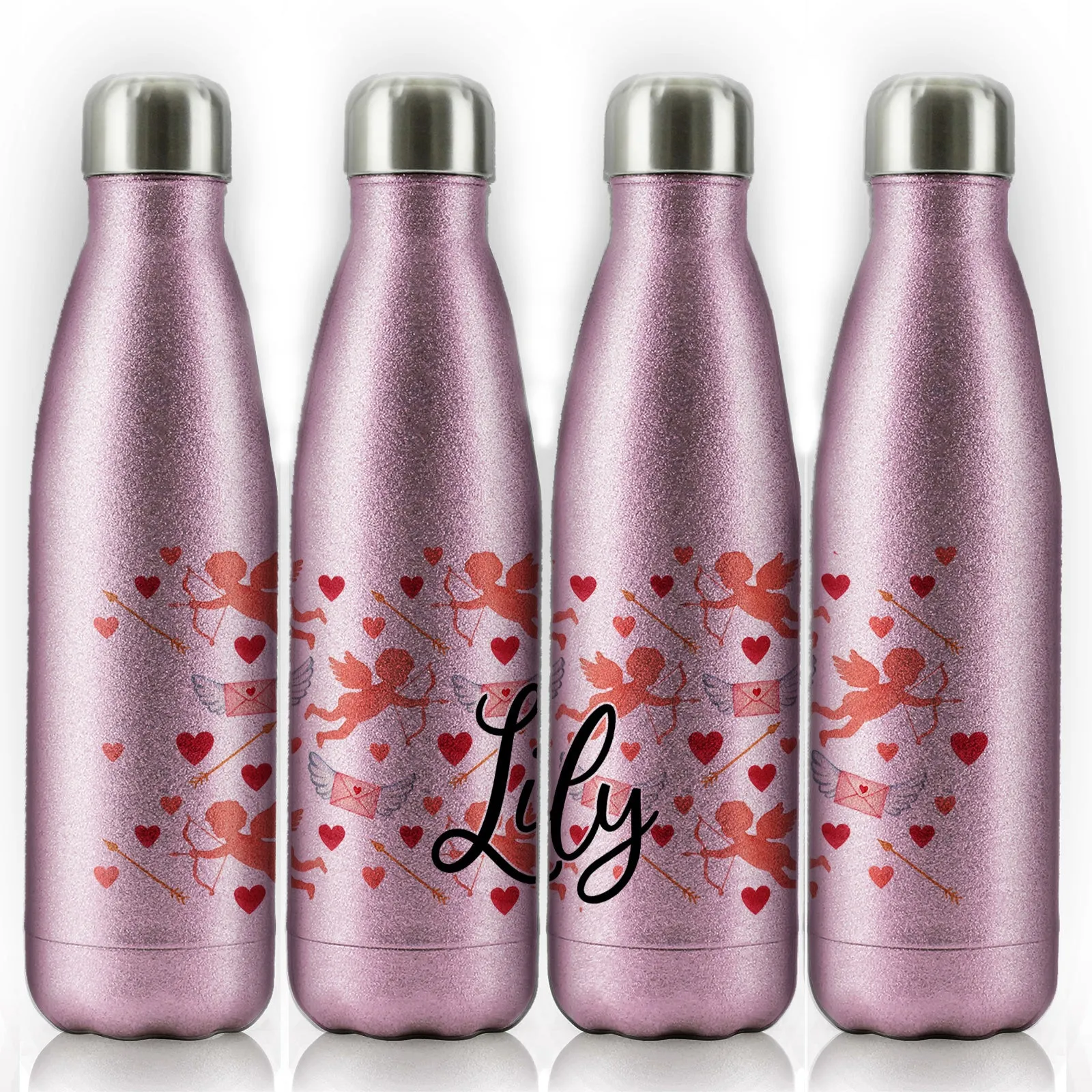 Personalised Cola Bottle with Stylish Text and Cupid Hearts Print
