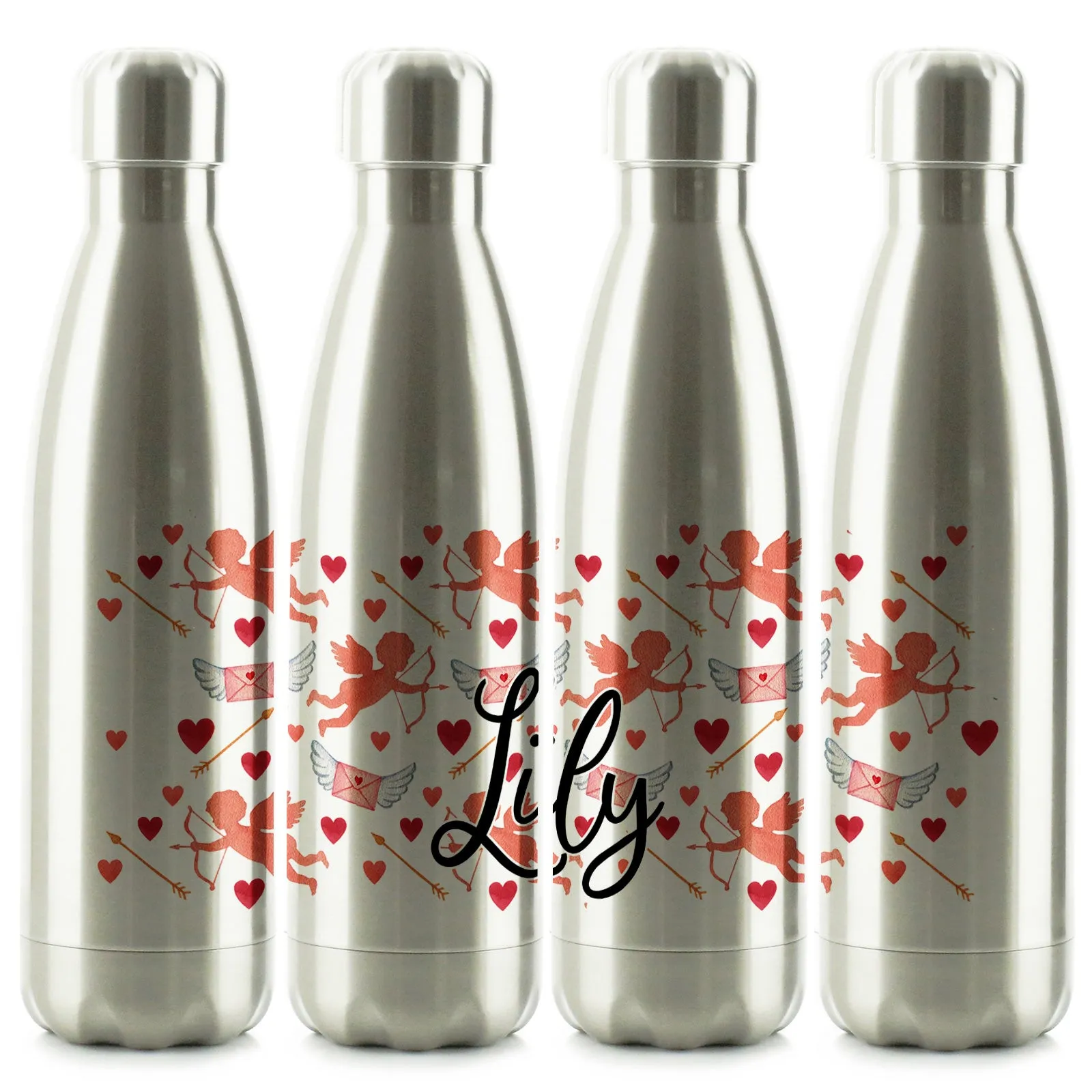 Personalised Cola Bottle with Stylish Text and Cupid Hearts Print