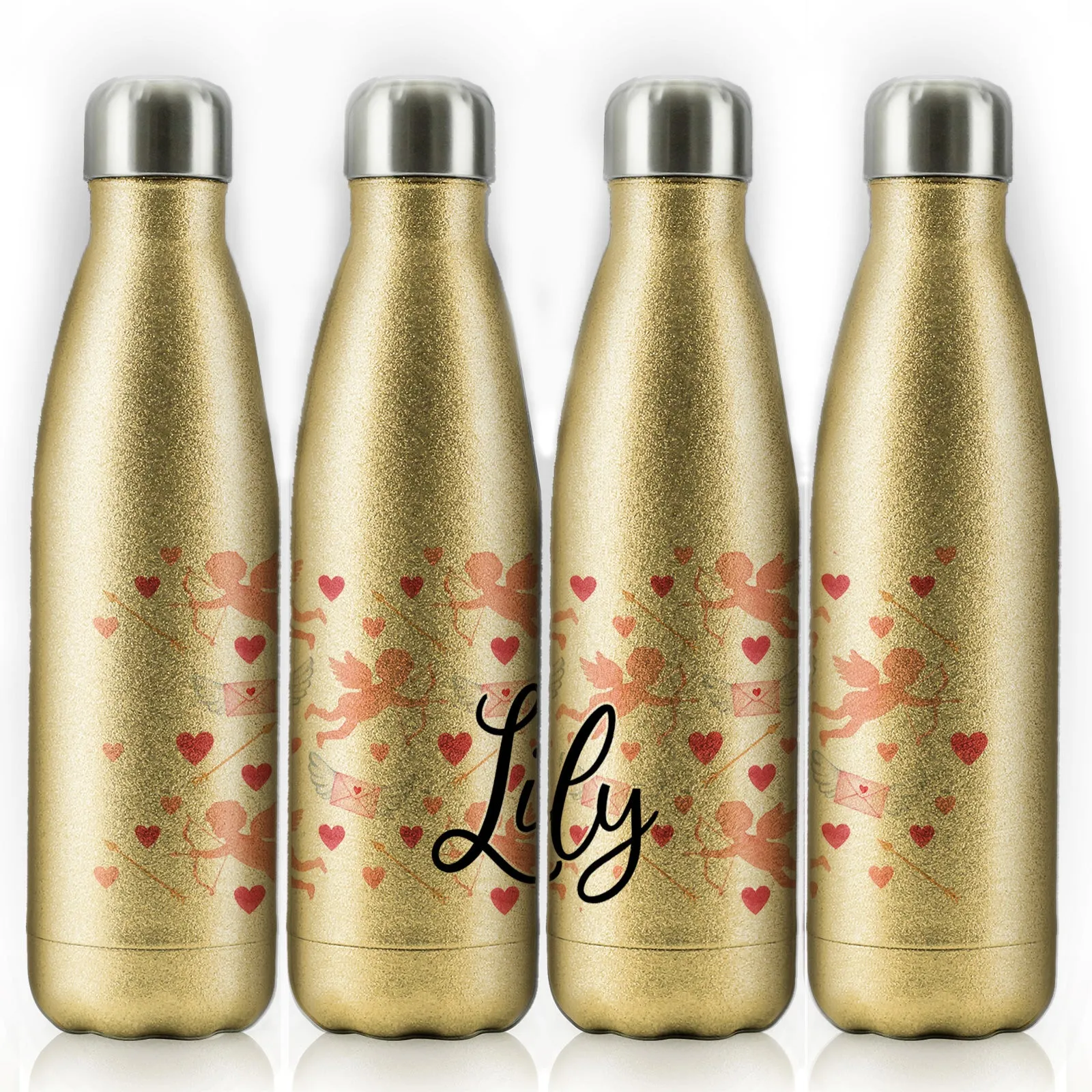 Personalised Cola Bottle with Stylish Text and Cupid Hearts Print
