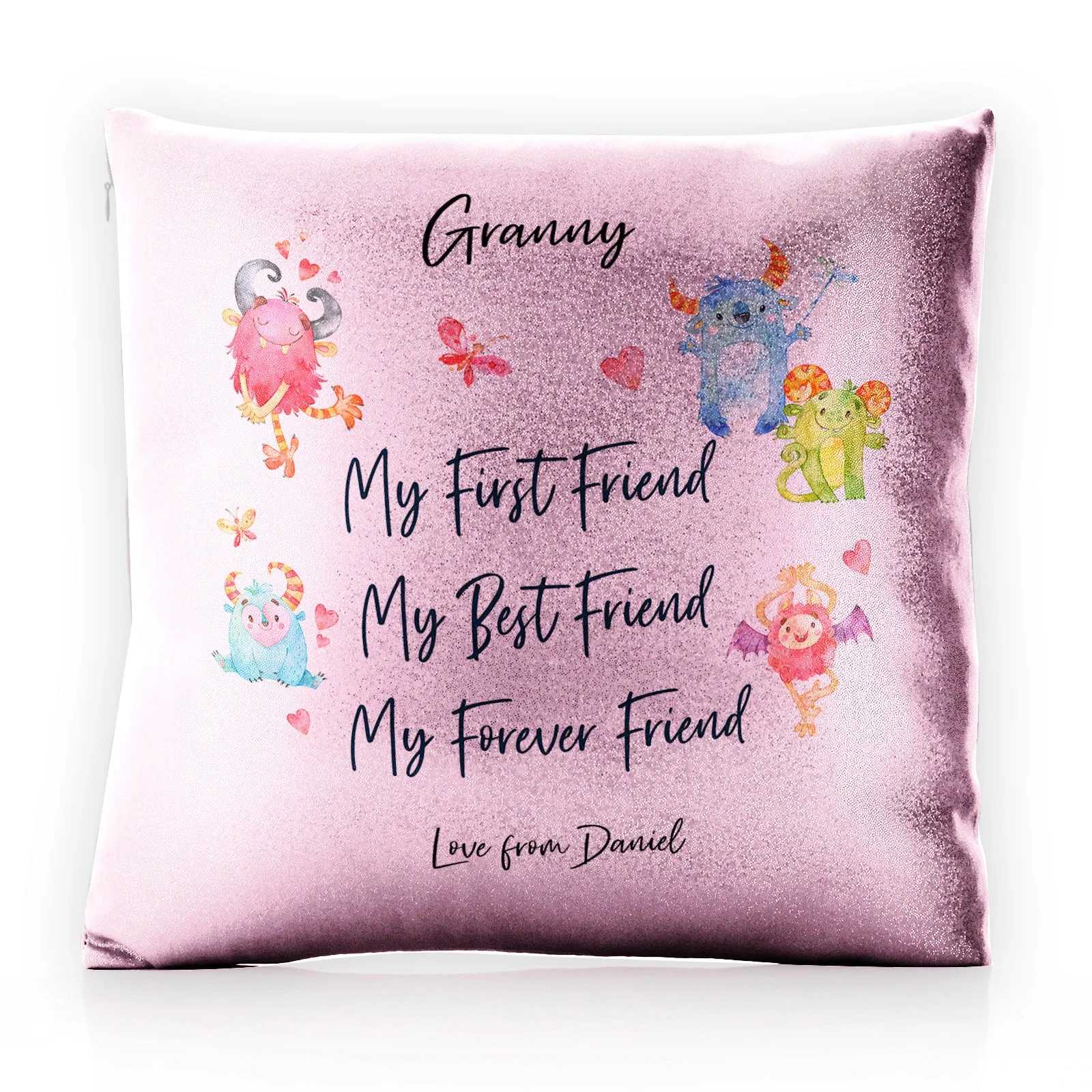 Personalised Glitter Cushion with Stylish Text and Forever Friend Monster Message
