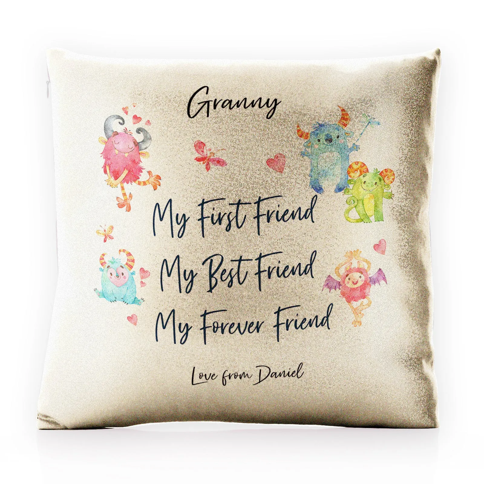 Personalised Glitter Cushion with Stylish Text and Forever Friend Monster Message