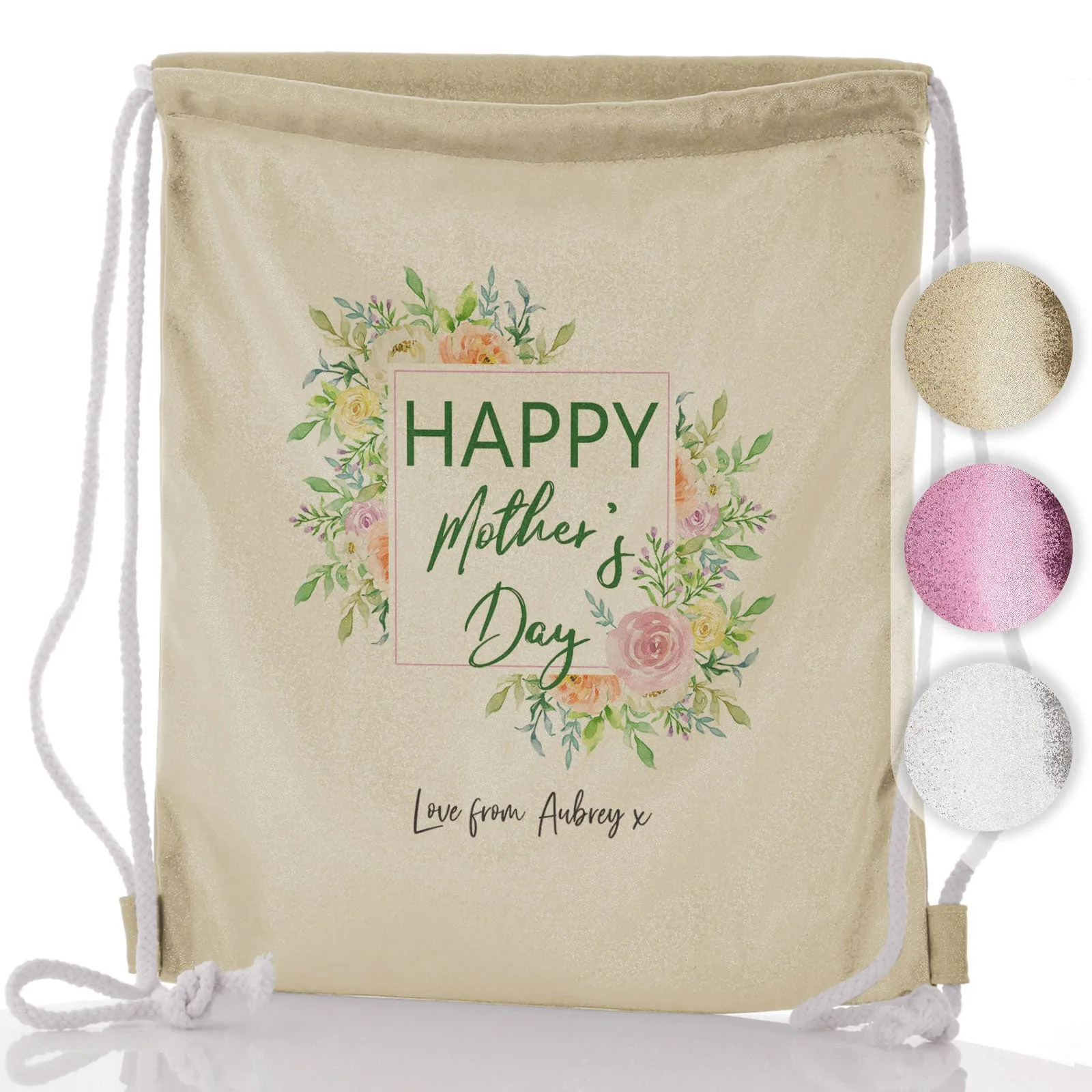 Personalised Glitter Drawstring Backpack with Stylish Text and Floral Mother’s Day Message