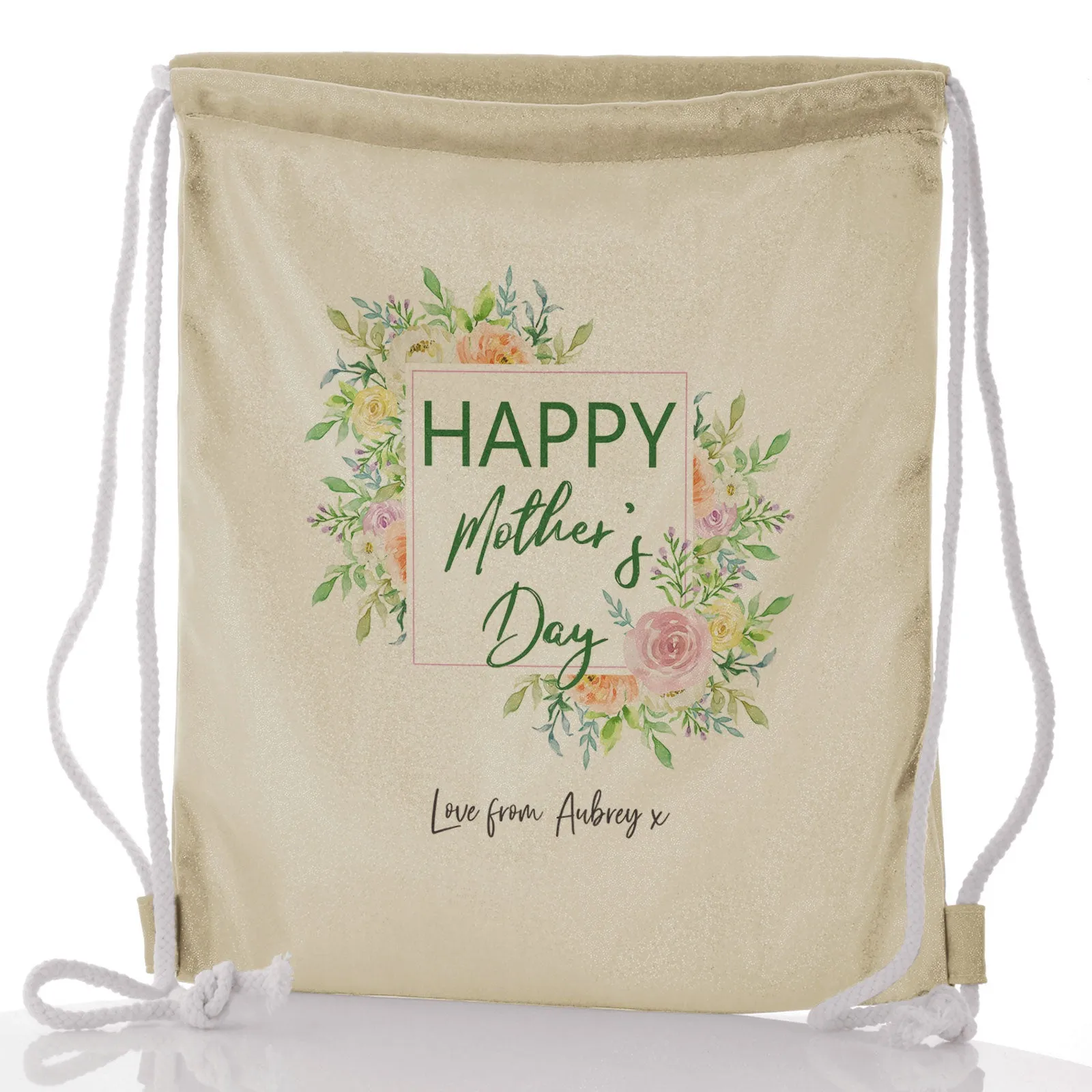 Personalised Glitter Drawstring Backpack with Stylish Text and Floral Mother’s Day Message