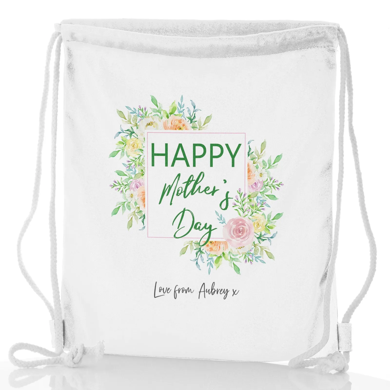 Personalised Glitter Drawstring Backpack with Stylish Text and Floral Mother’s Day Message