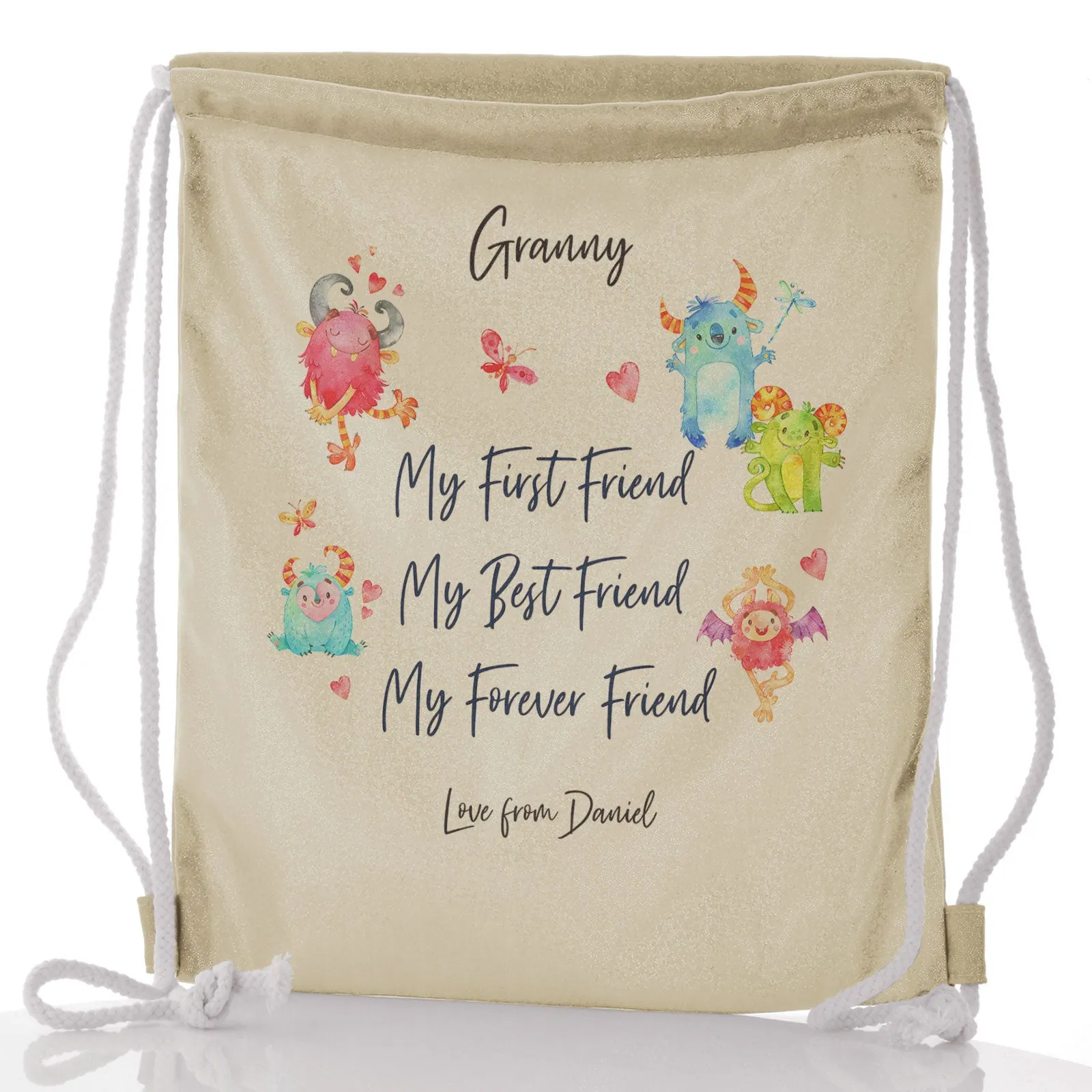 Personalised Glitter Drawstring Backpack with Stylish Text and Forever Friend Monster Message