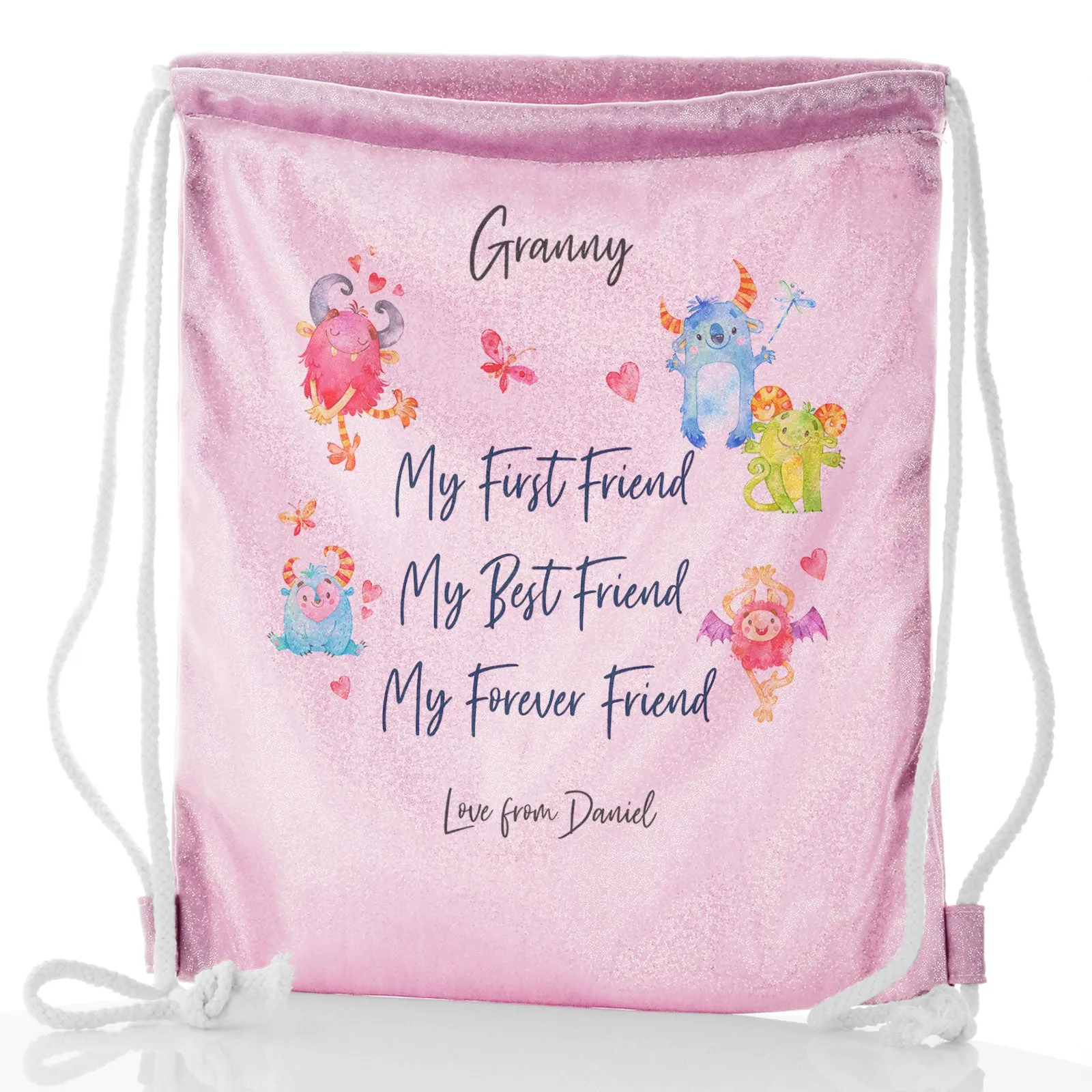 Personalised Glitter Drawstring Backpack with Stylish Text and Forever Friend Monster Message