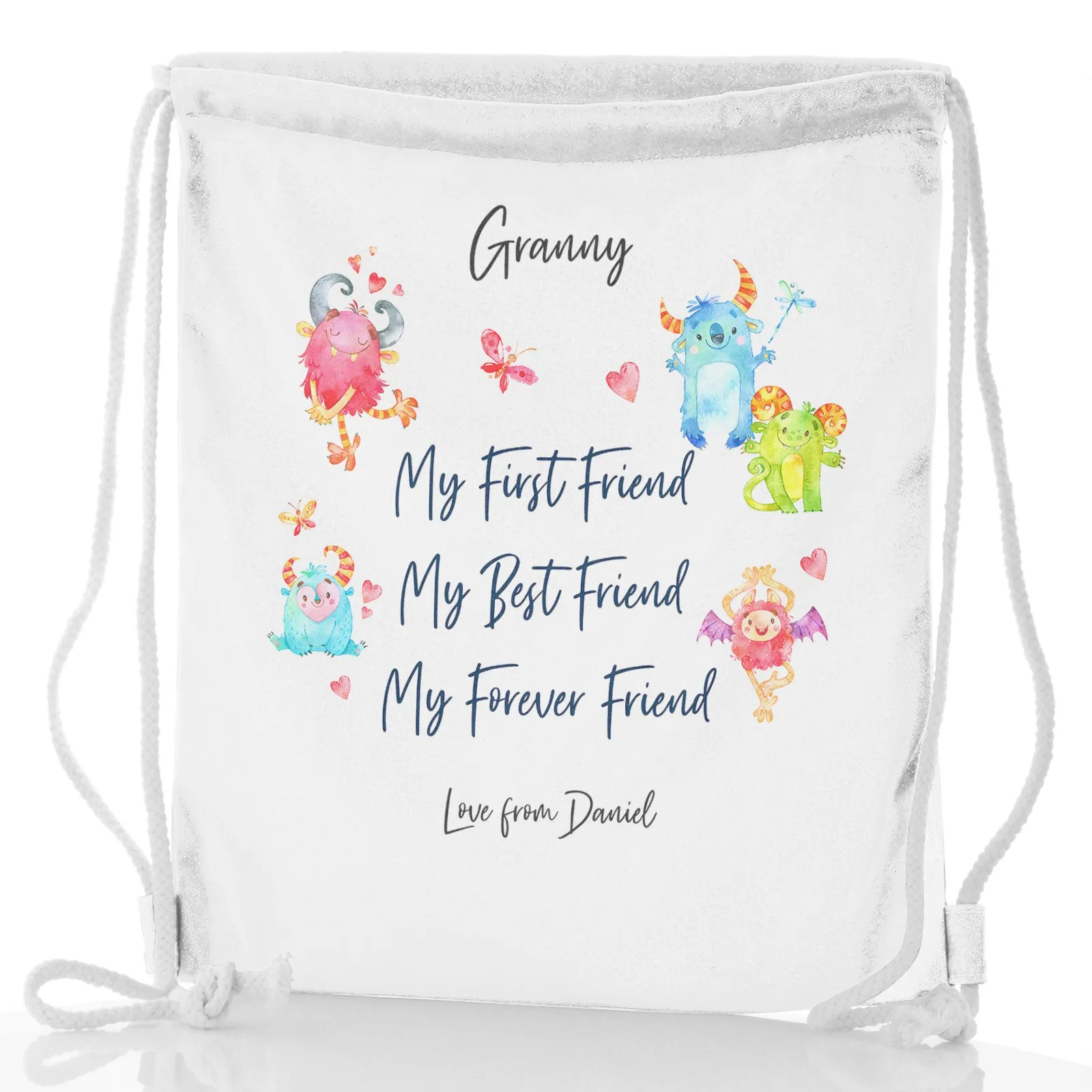 Personalised Glitter Drawstring Backpack with Stylish Text and Forever Friend Monster Message