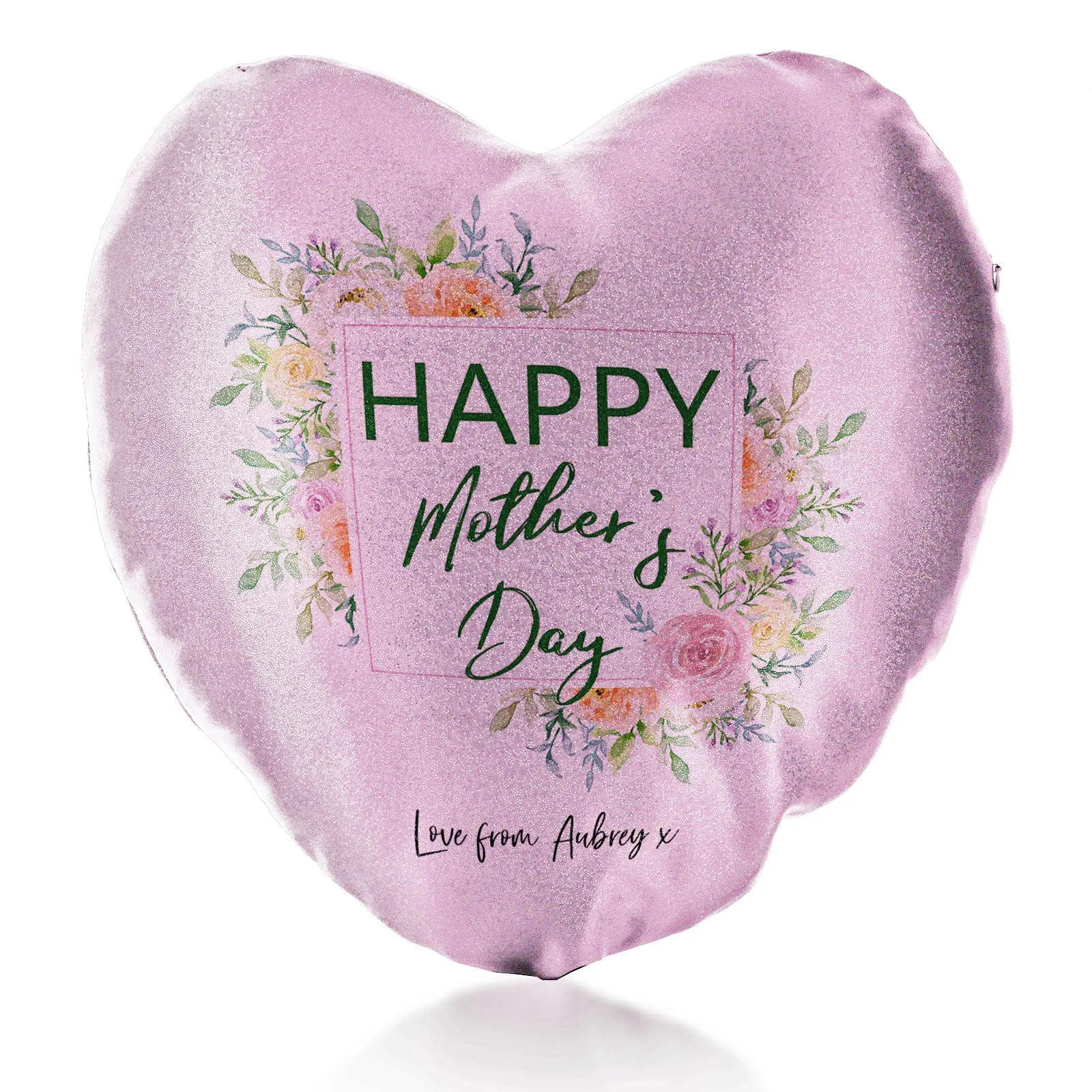Personalised Glitter Heart Cushion with Stylish Text and Floral Mother’s Day Message