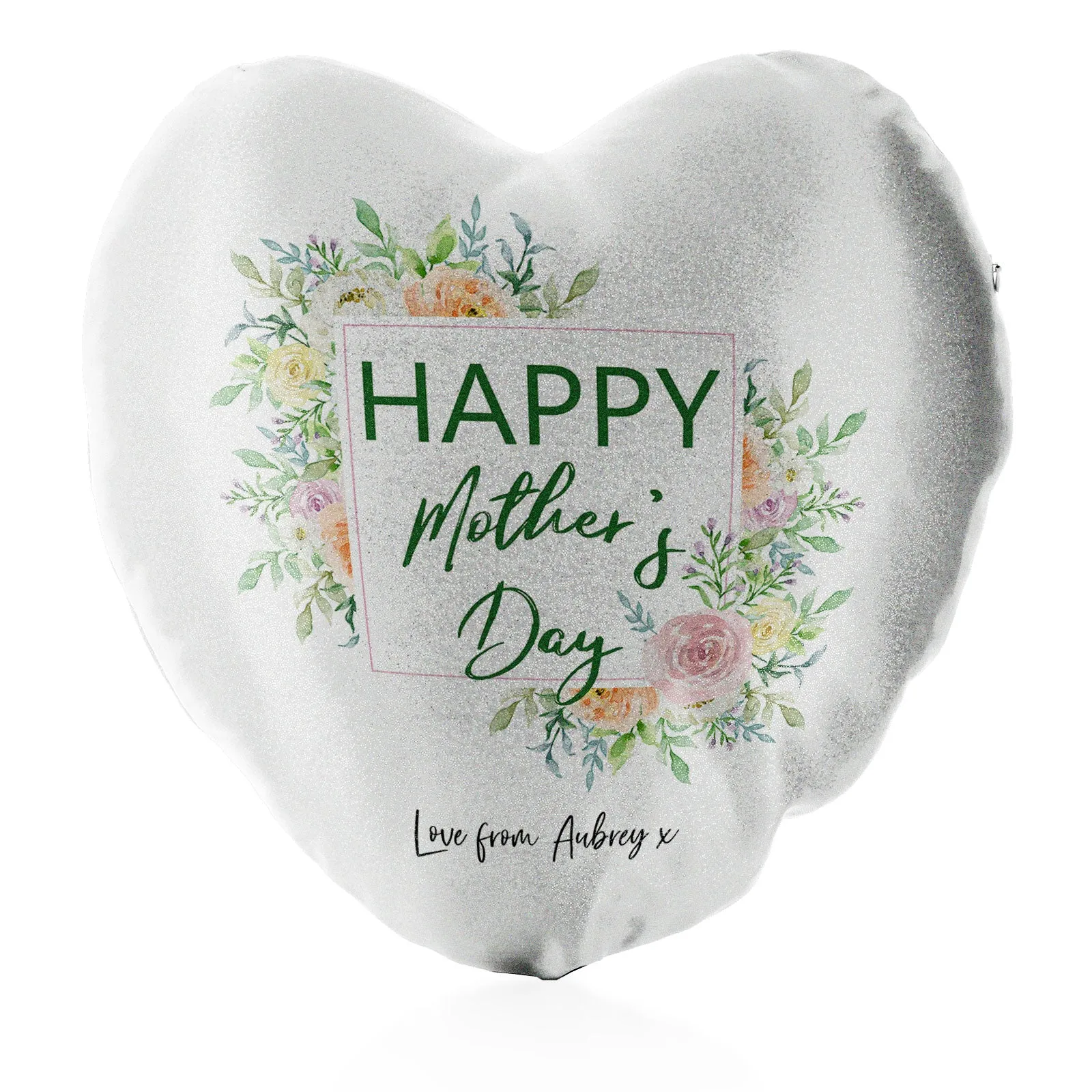 Personalised Glitter Heart Cushion with Stylish Text and Floral Mother’s Day Message