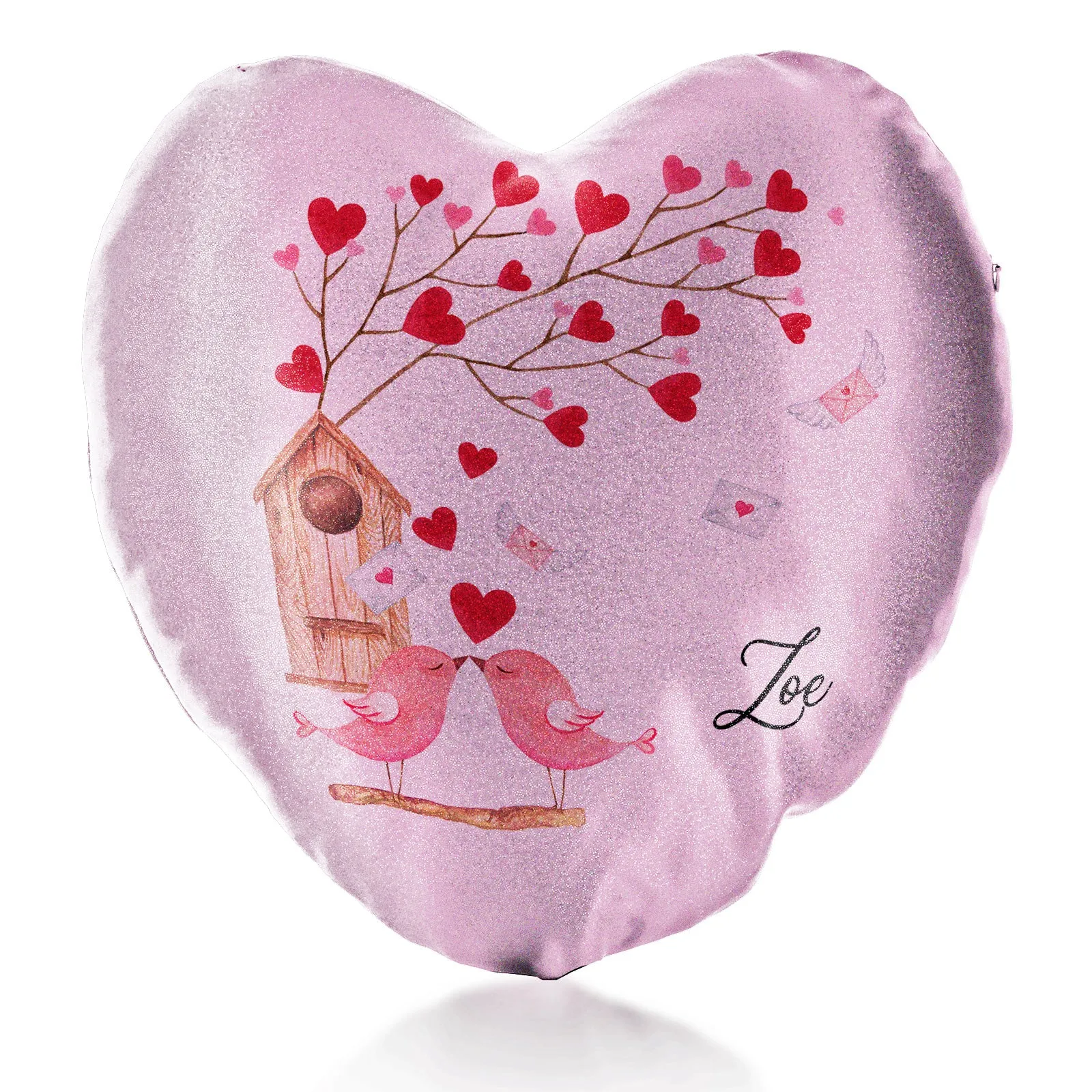 Personalised Glitter Heart Cushion with Stylish Text and Love Bird Letters Print
