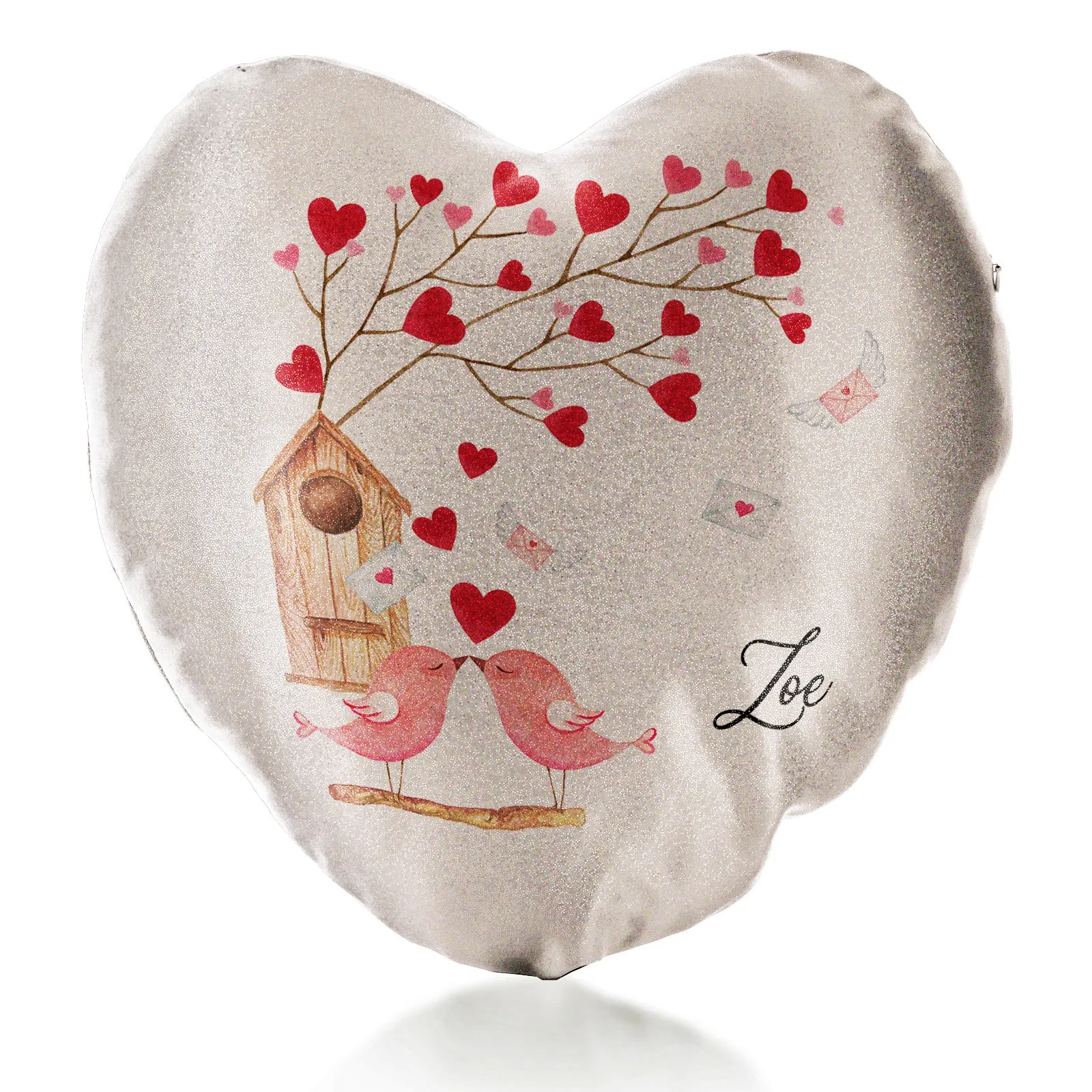 Personalised Glitter Heart Cushion with Stylish Text and Love Bird Letters Print
