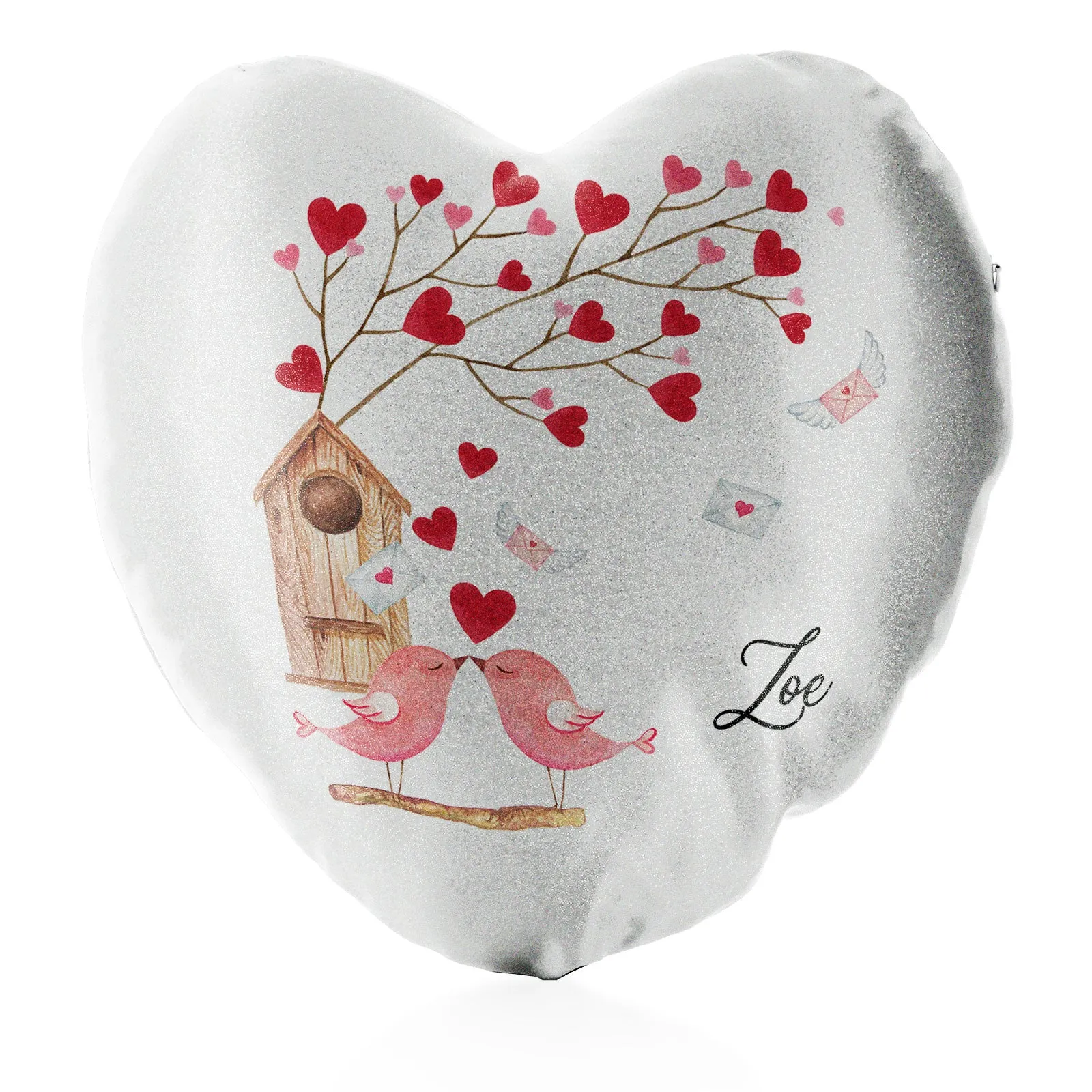 Personalised Glitter Heart Cushion with Stylish Text and Love Bird Letters Print