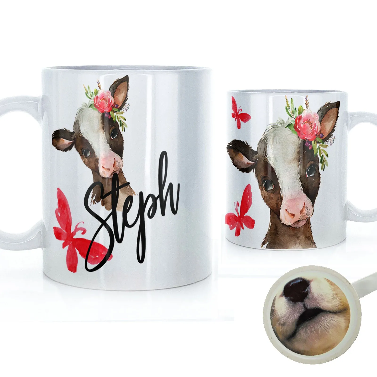 Personalised Mug with Stylish Text and Pink Flower Brown Cow & Red Butterfly