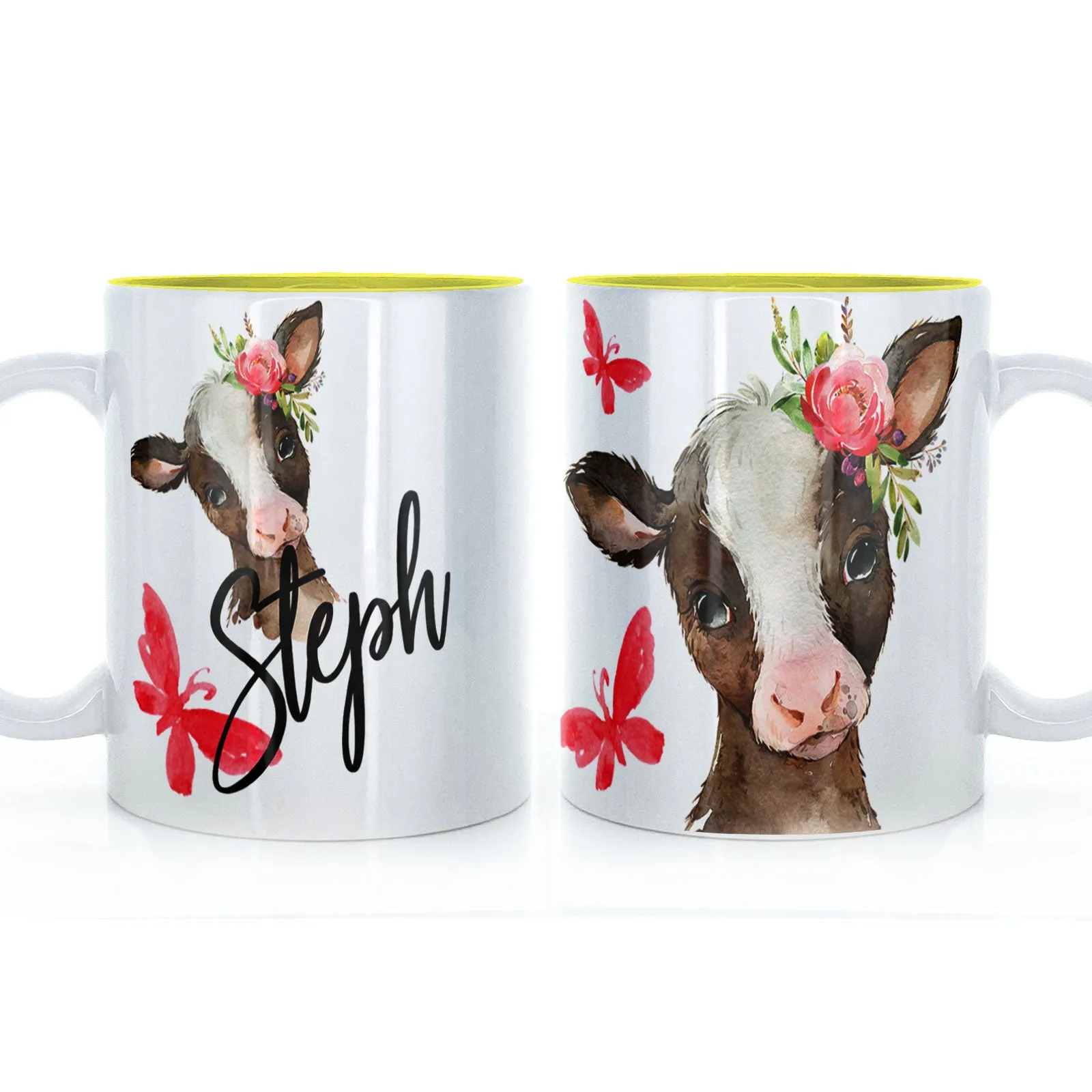 Personalised Mug with Stylish Text and Pink Flower Brown Cow & Red Butterfly