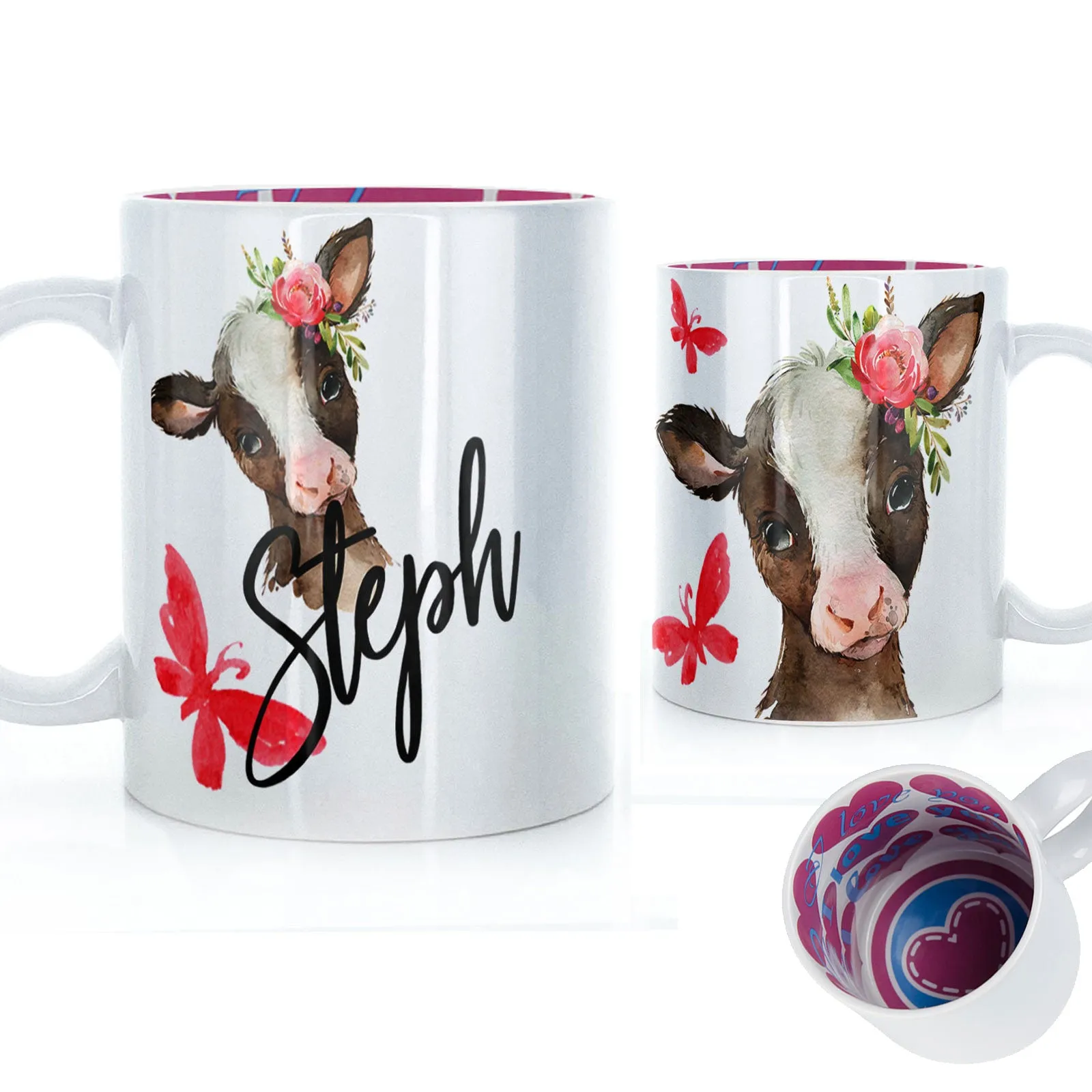 Personalised Mug with Stylish Text and Pink Flower Brown Cow & Red Butterfly