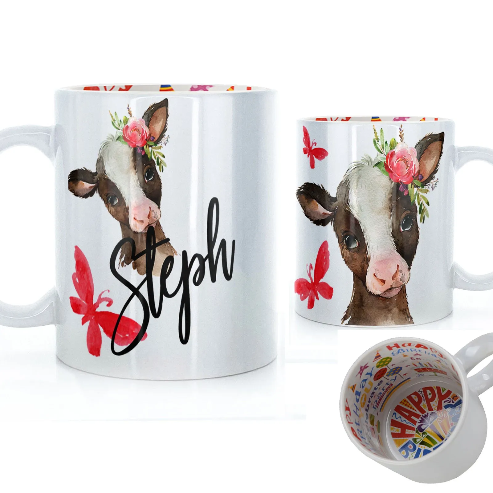 Personalised Mug with Stylish Text and Pink Flower Brown Cow & Red Butterfly