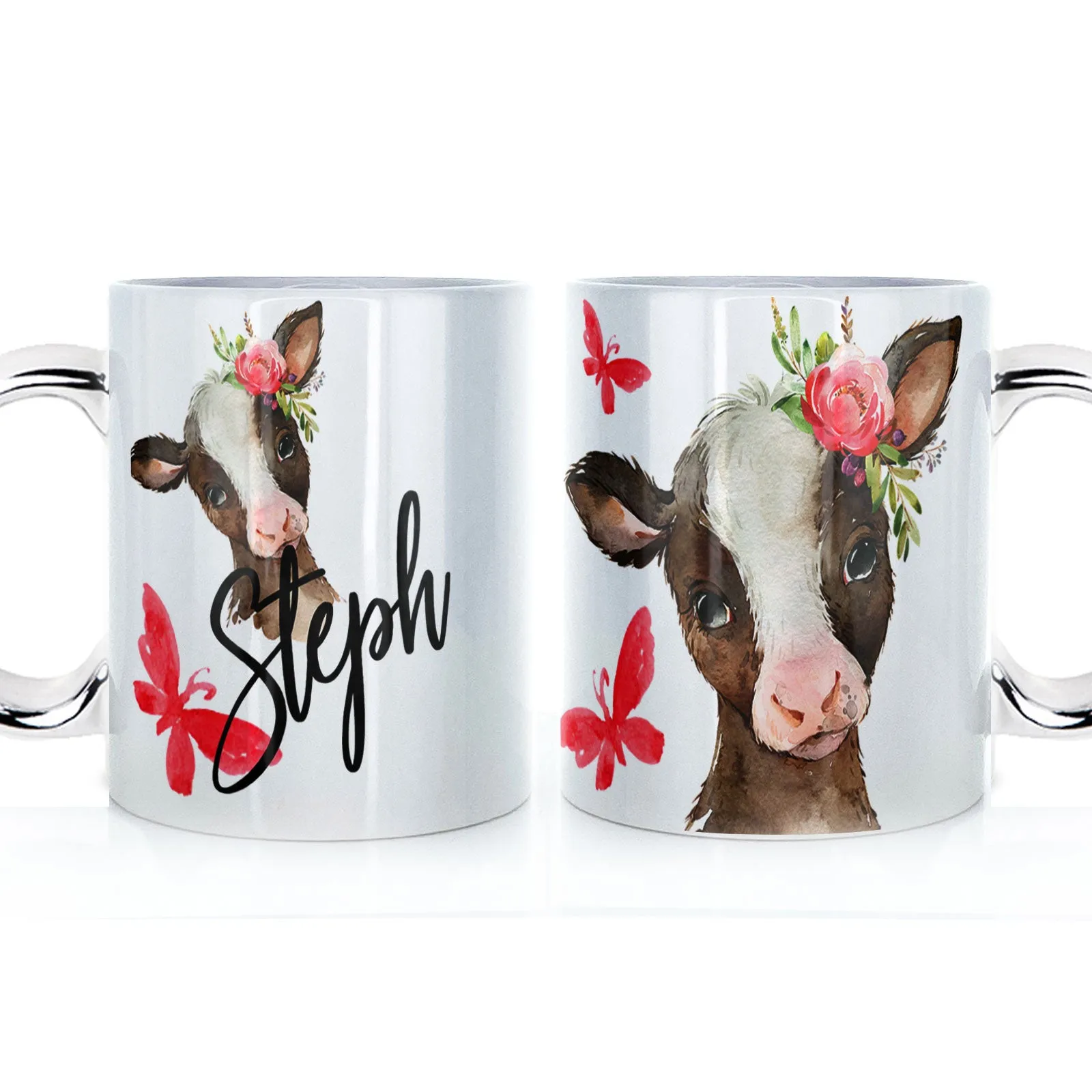 Personalised Mug with Stylish Text and Pink Flower Brown Cow & Red Butterfly