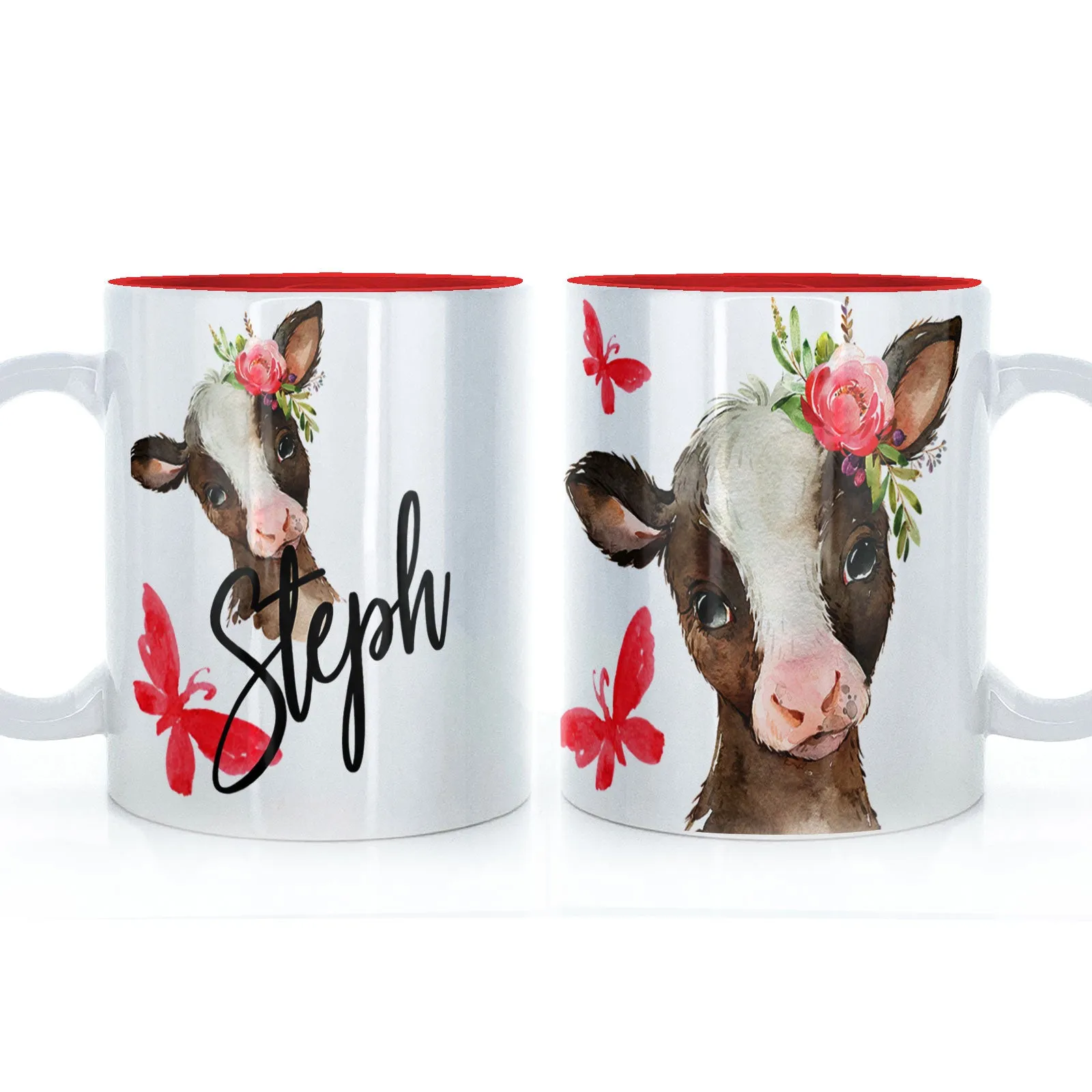 Personalised Mug with Stylish Text and Pink Flower Brown Cow & Red Butterfly