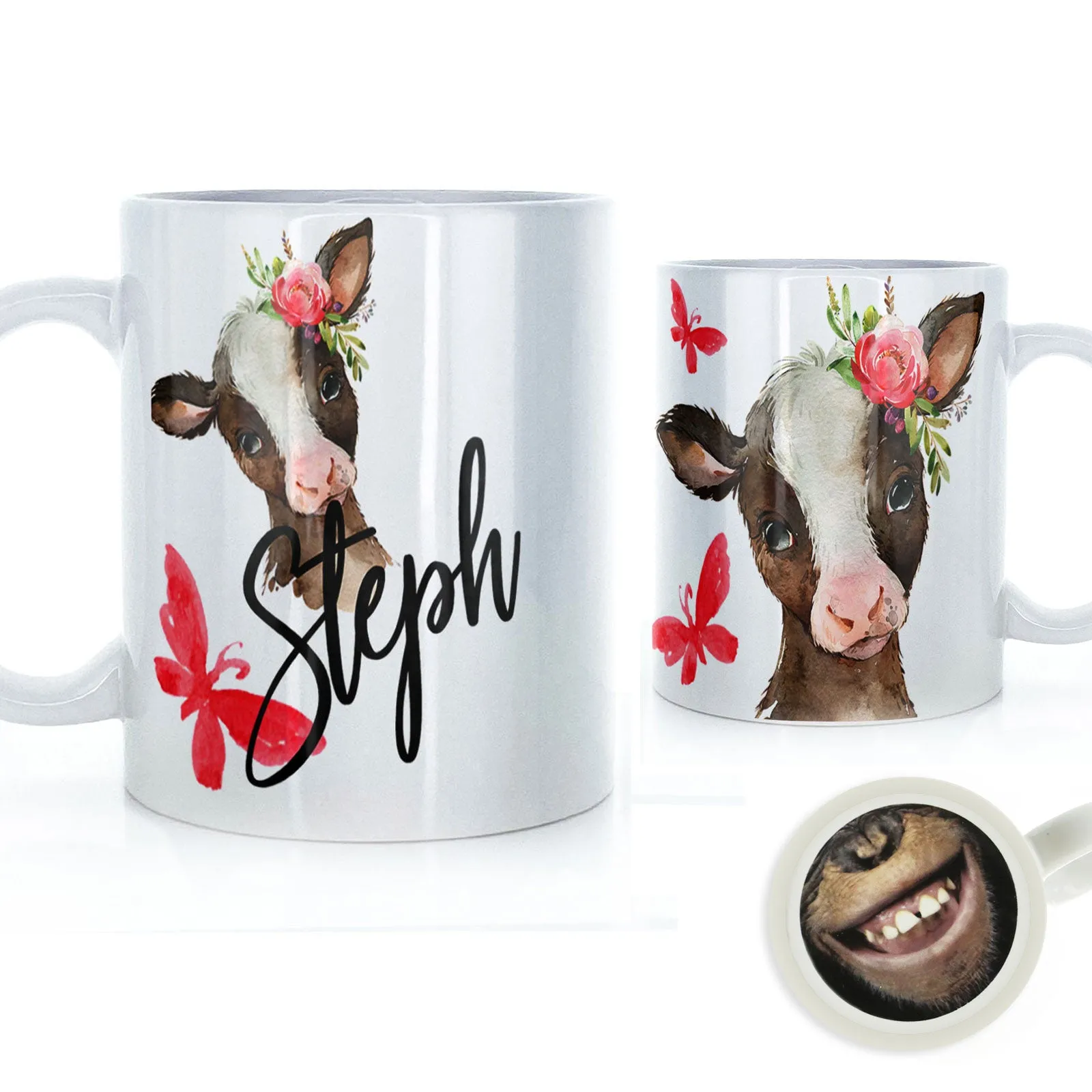 Personalised Mug with Stylish Text and Pink Flower Brown Cow & Red Butterfly