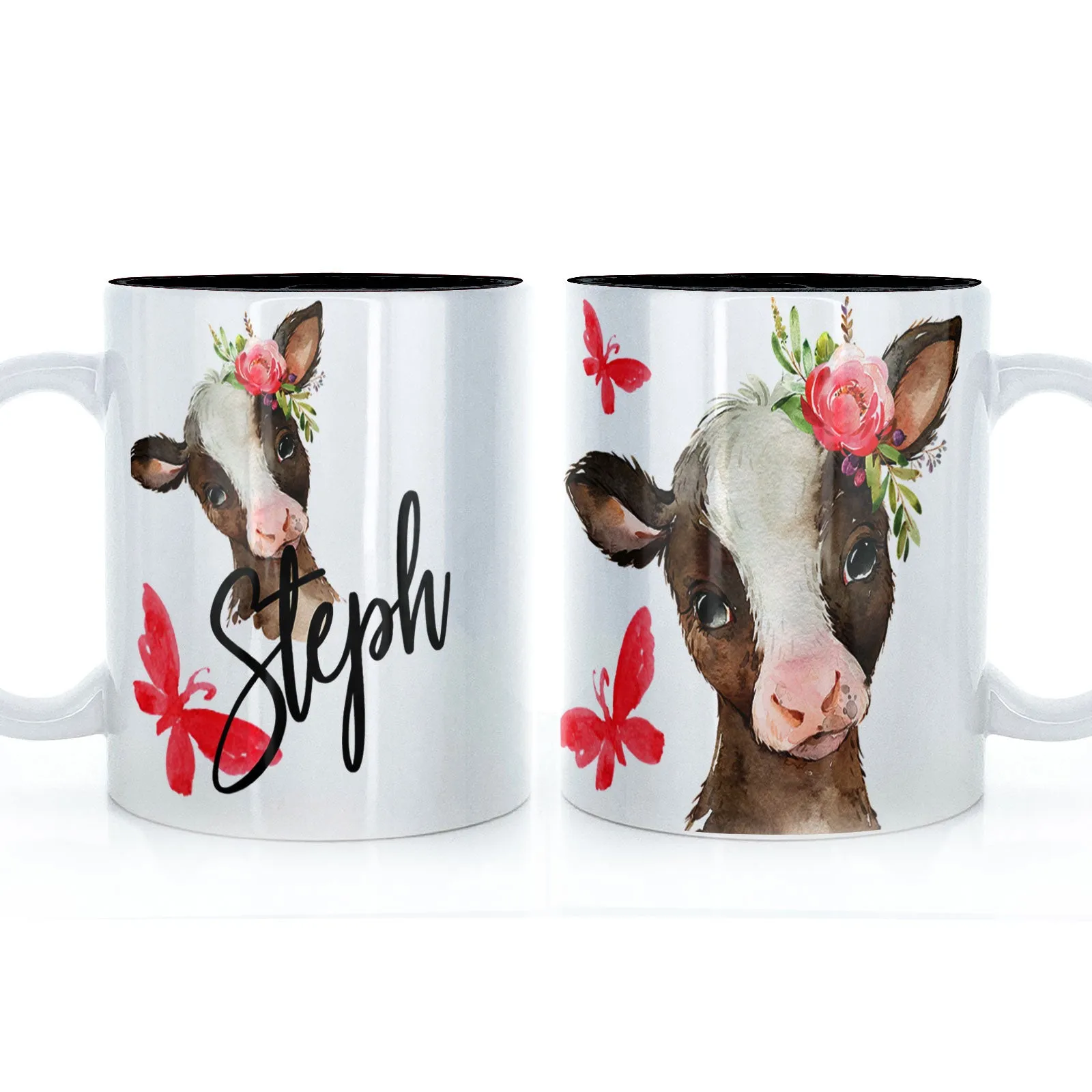 Personalised Mug with Stylish Text and Pink Flower Brown Cow & Red Butterfly