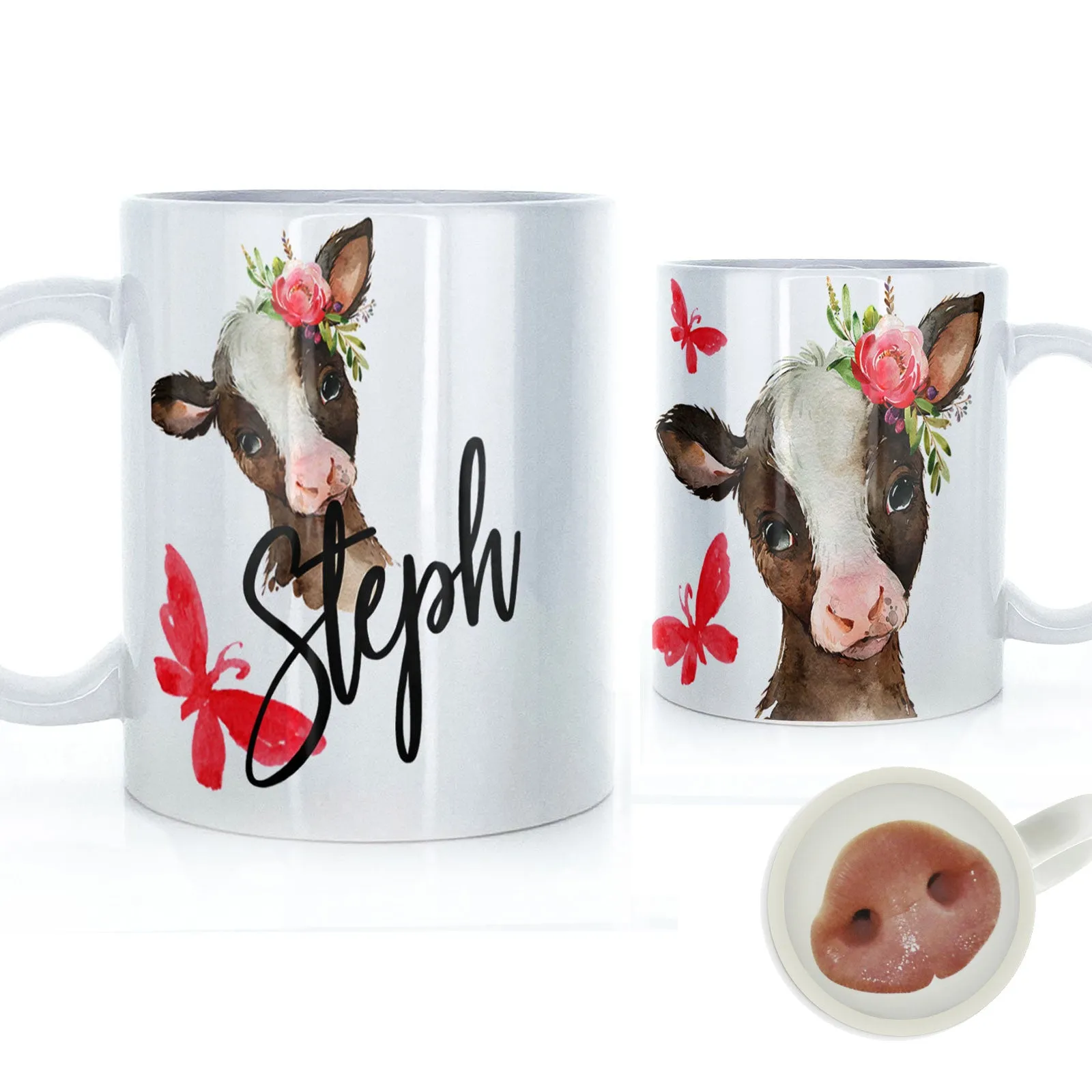 Personalised Mug with Stylish Text and Pink Flower Brown Cow & Red Butterfly