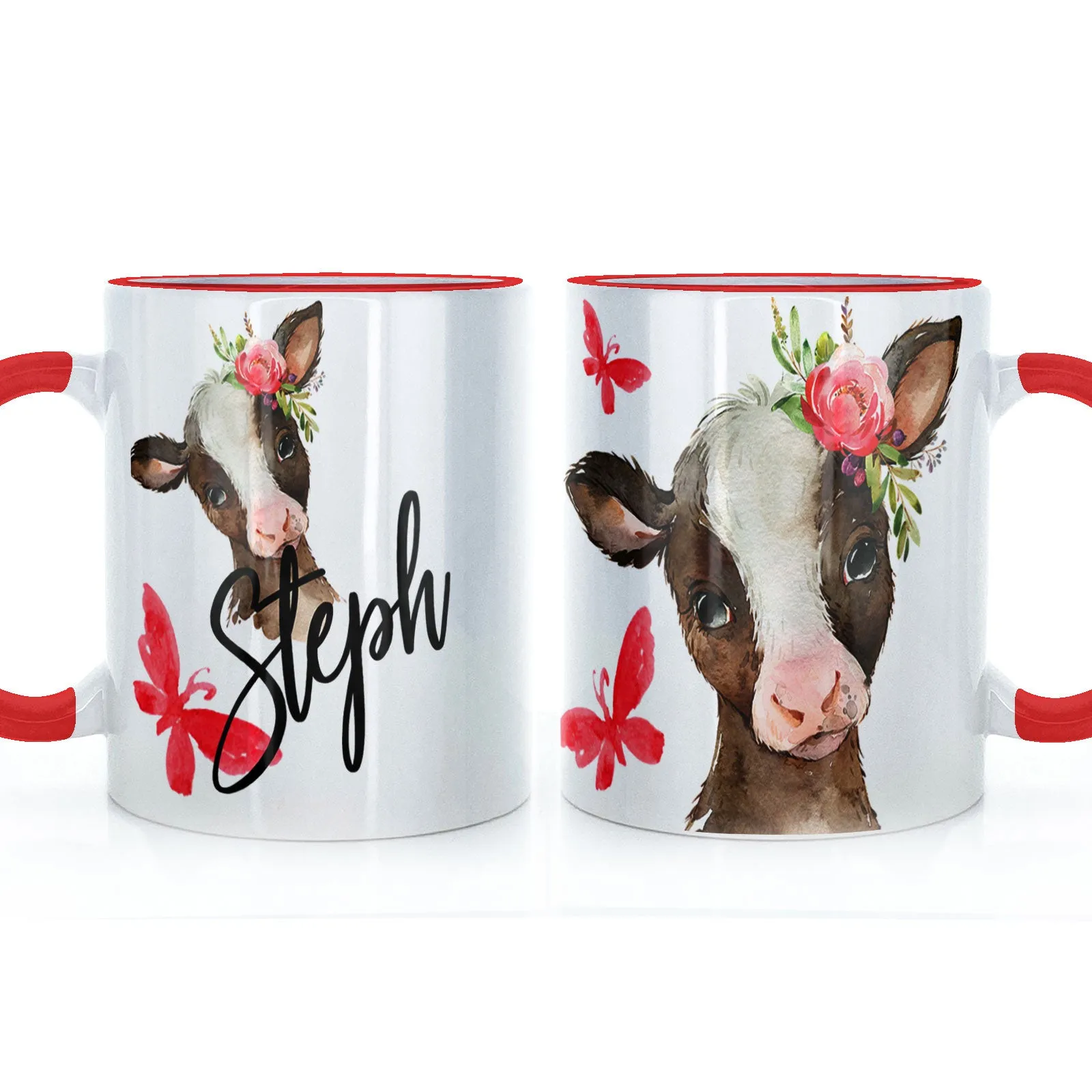 Personalised Mug with Stylish Text and Pink Flower Brown Cow & Red Butterfly