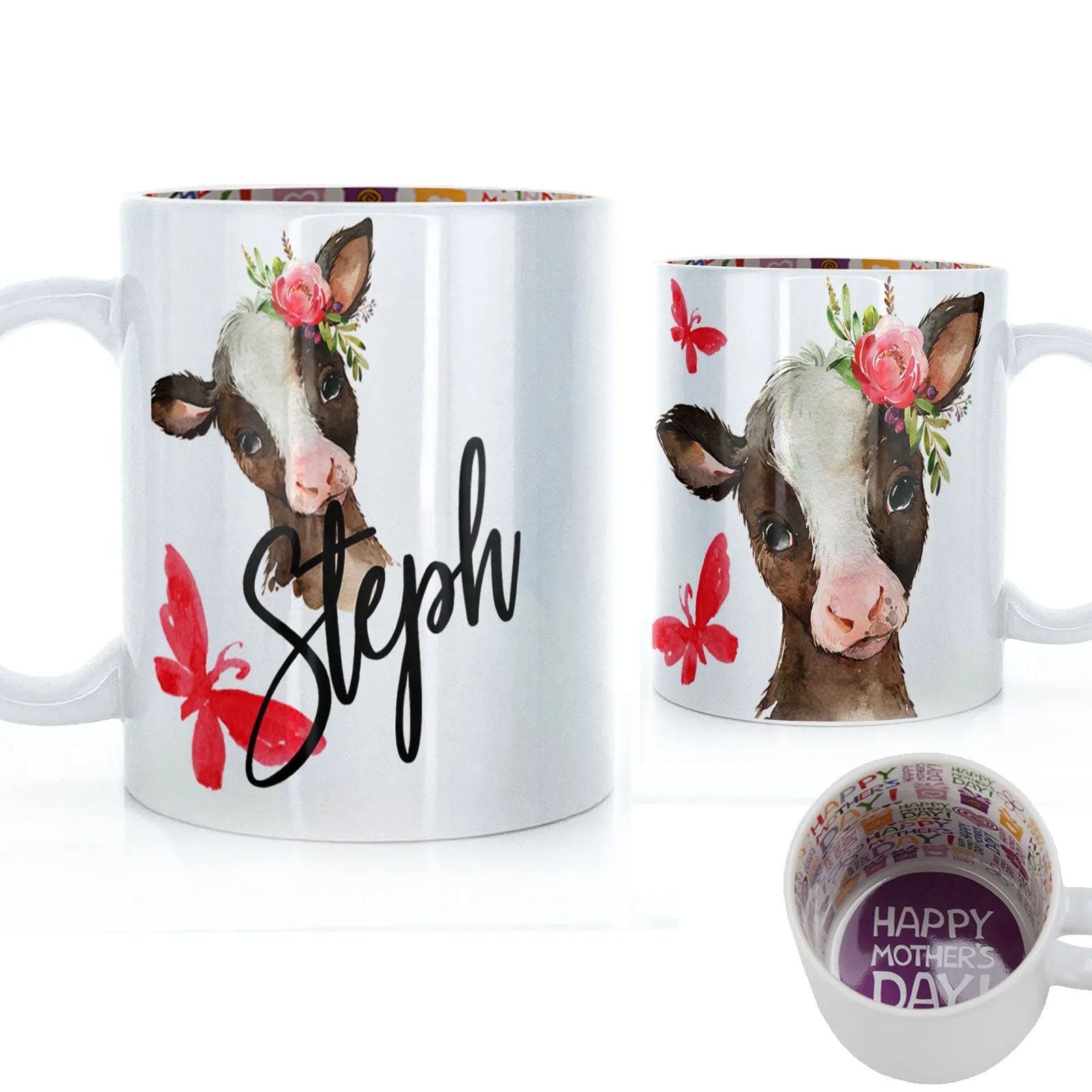 Personalised Mug with Stylish Text and Pink Flower Brown Cow & Red Butterfly