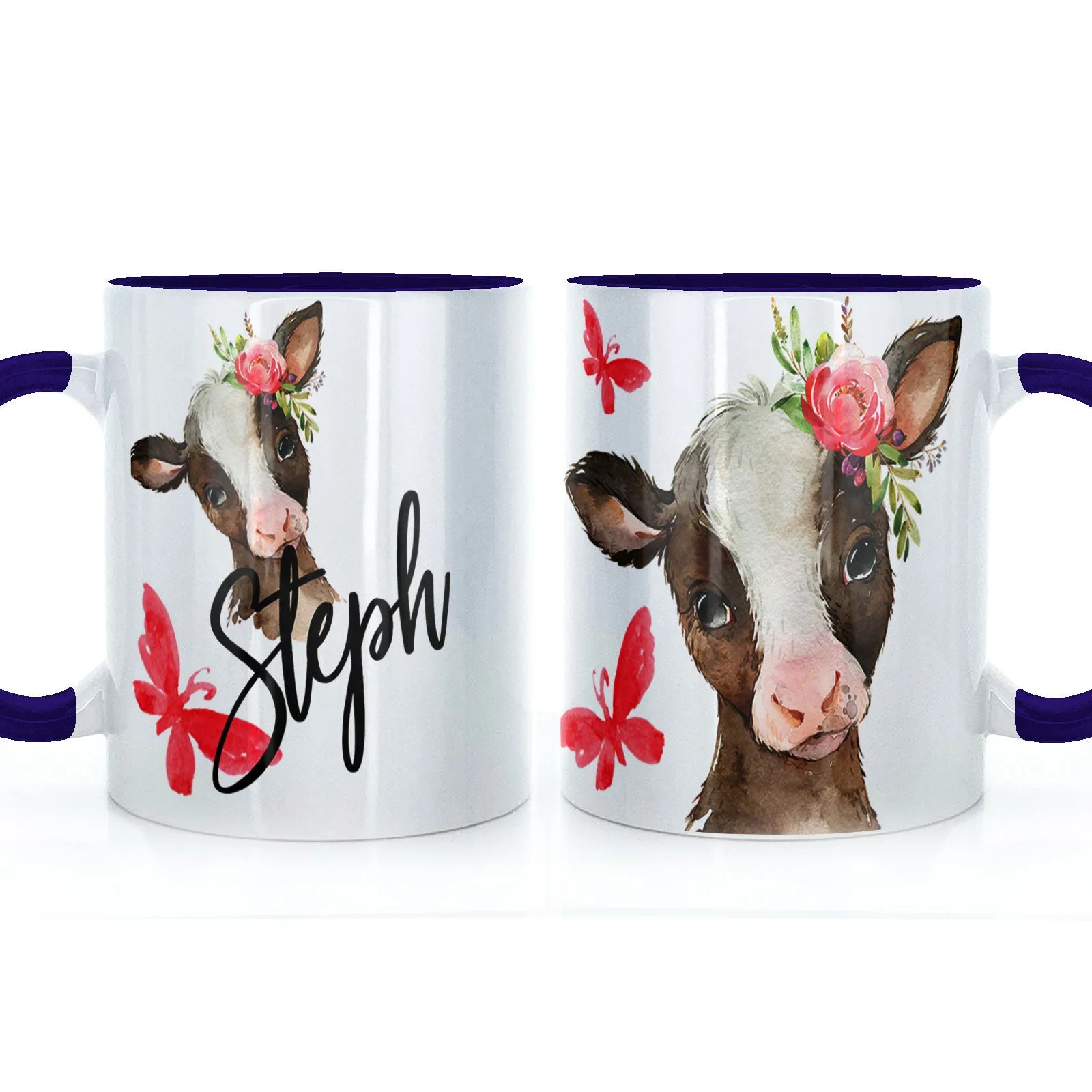 Personalised Mug with Stylish Text and Pink Flower Brown Cow & Red Butterfly