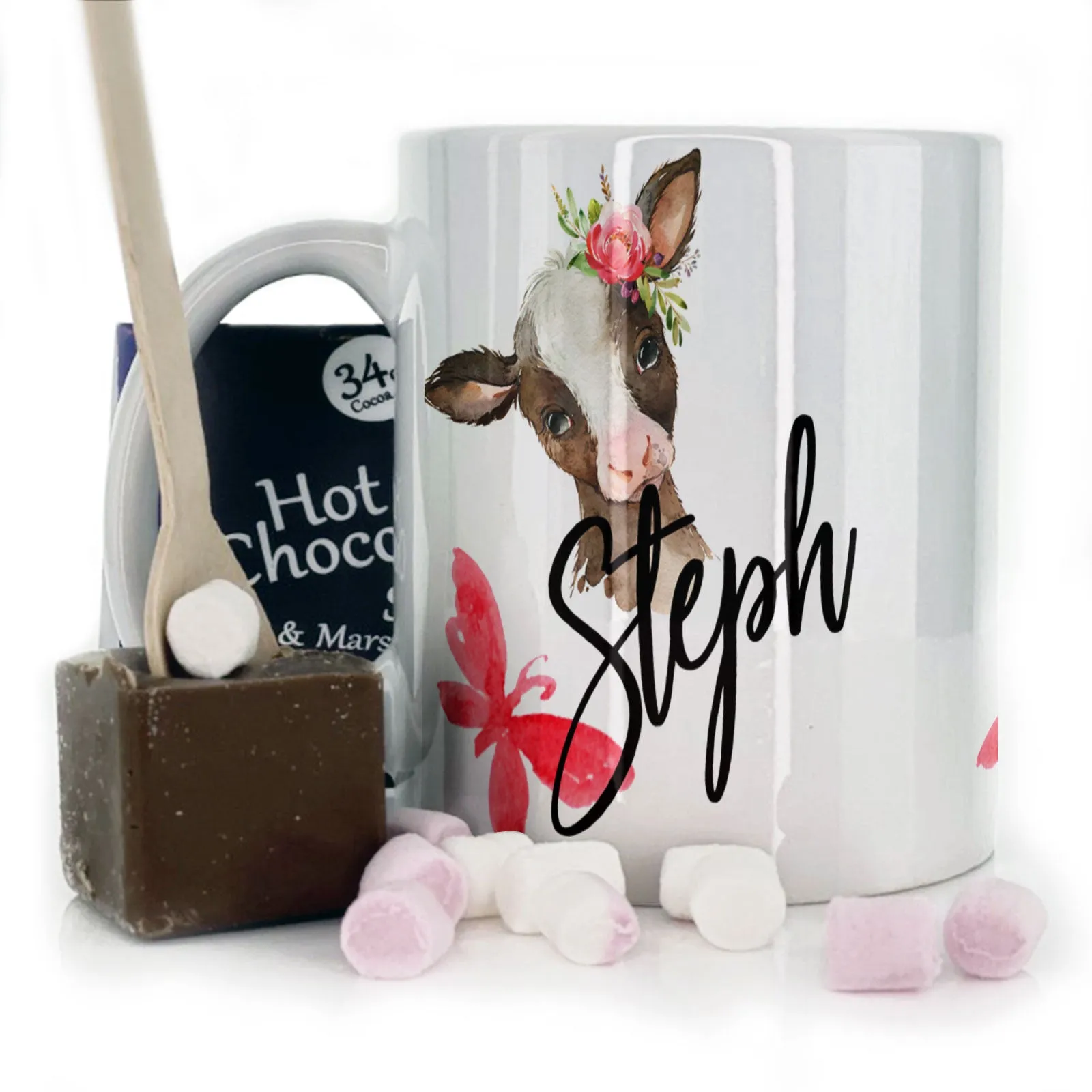 Personalised Mug with Stylish Text and Pink Flower Brown Cow & Red Butterfly