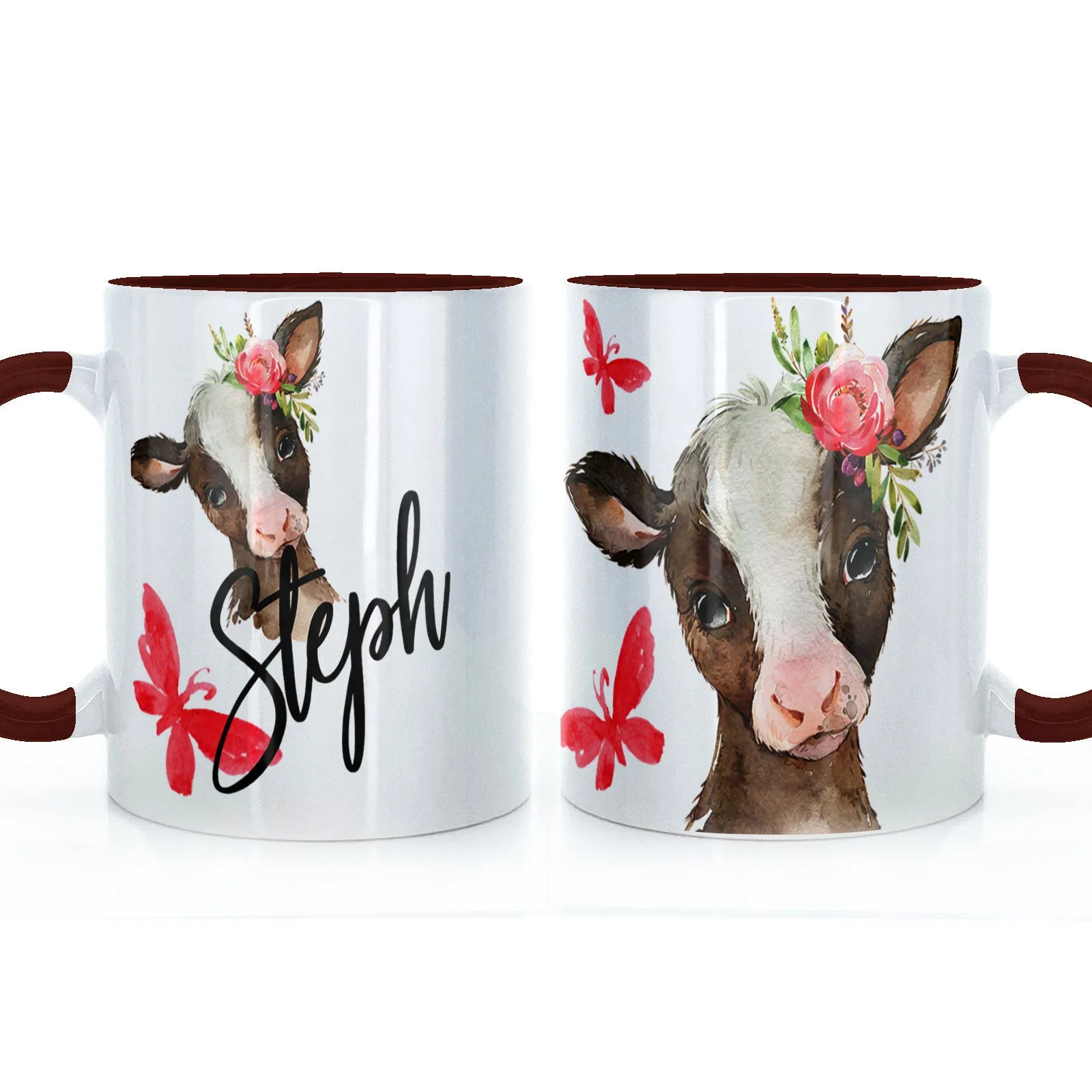 Personalised Mug with Stylish Text and Pink Flower Brown Cow & Red Butterfly
