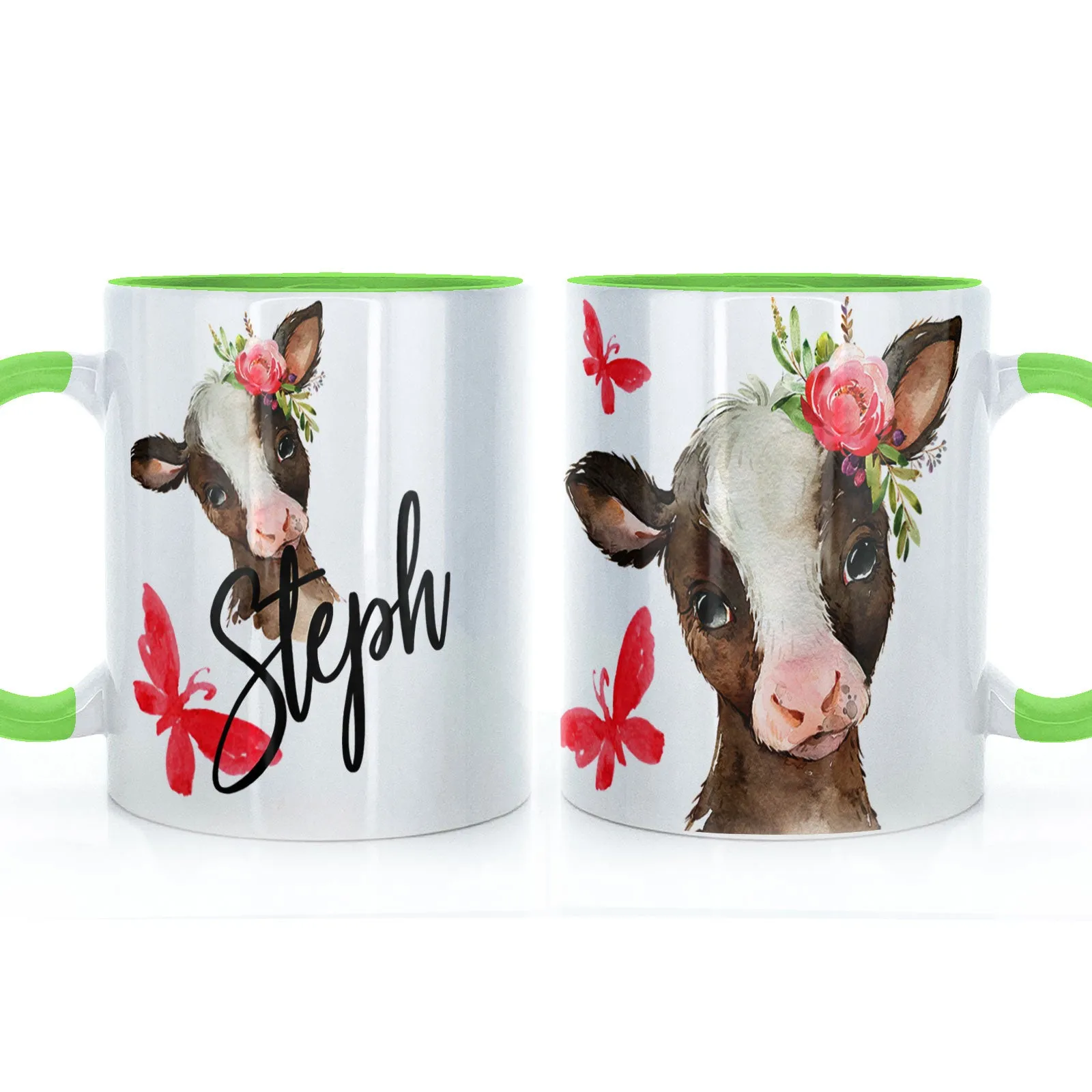 Personalised Mug with Stylish Text and Pink Flower Brown Cow & Red Butterfly