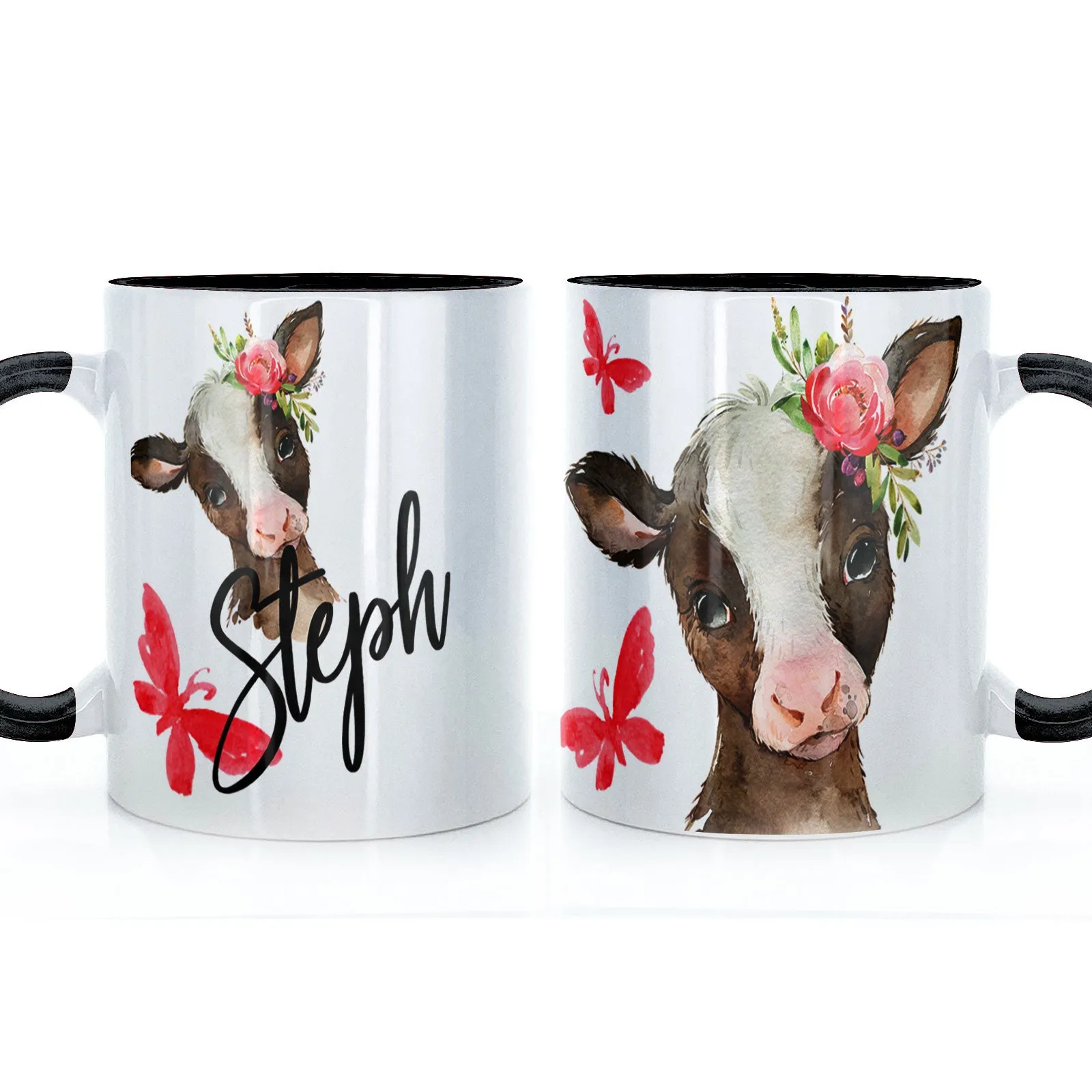 Personalised Mug with Stylish Text and Pink Flower Brown Cow & Red Butterfly
