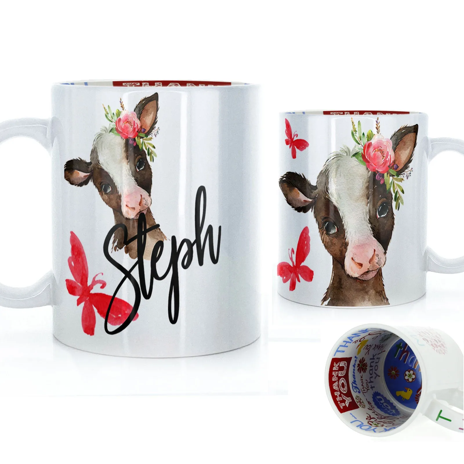 Personalised Mug with Stylish Text and Pink Flower Brown Cow & Red Butterfly