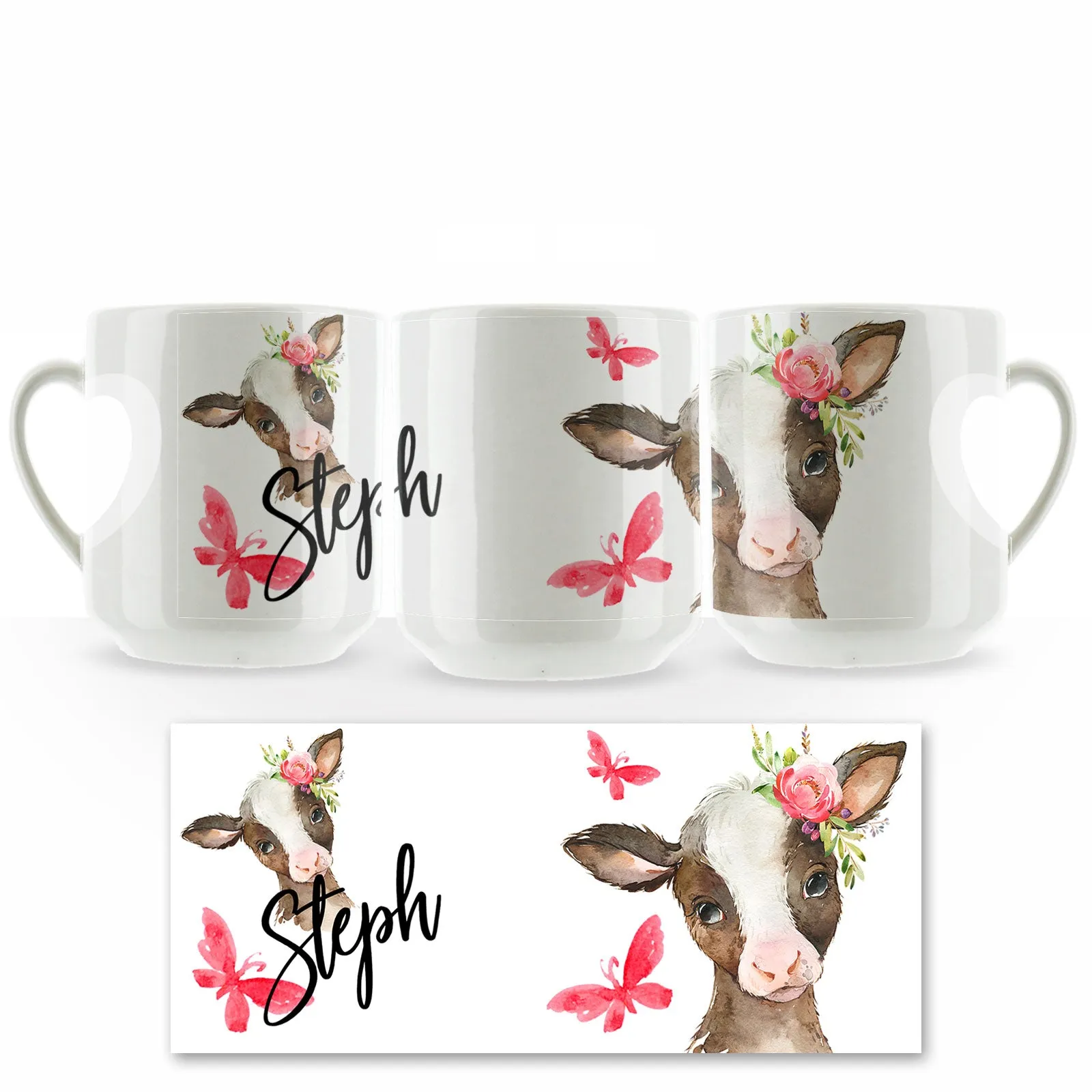 Personalised Mug with Stylish Text and Pink Flower Brown Cow & Red Butterfly