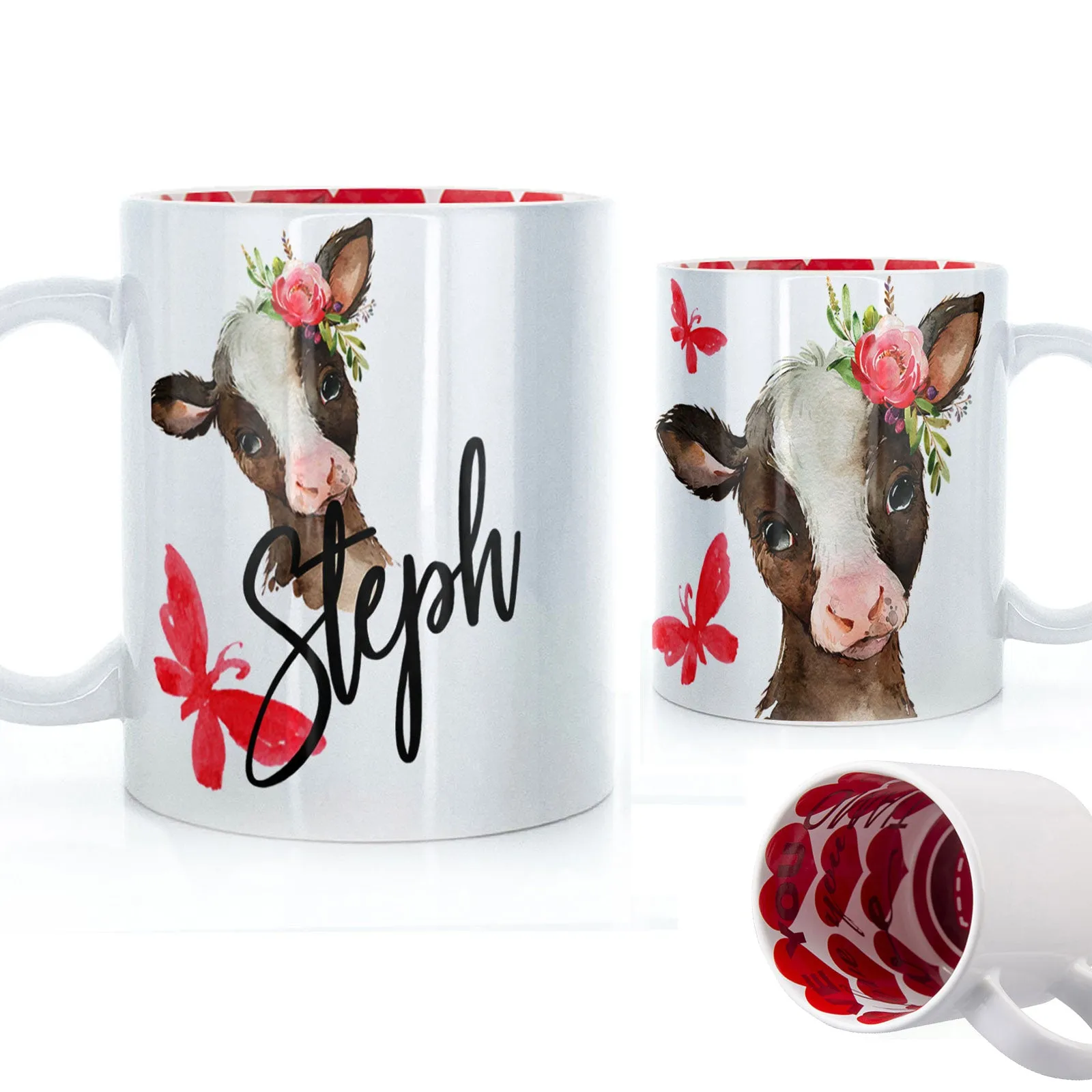 Personalised Mug with Stylish Text and Pink Flower Brown Cow & Red Butterfly