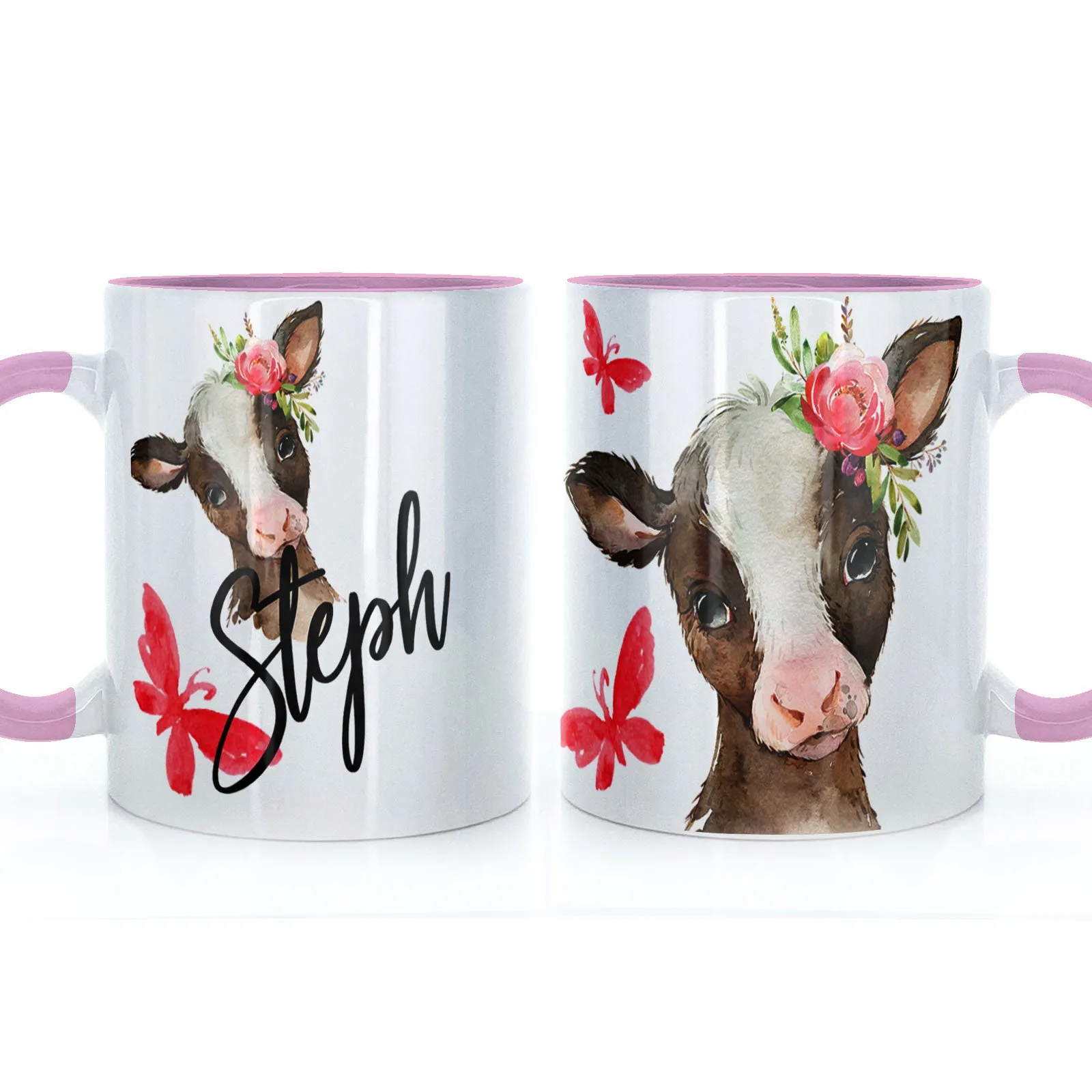 Personalised Mug with Stylish Text and Pink Flower Brown Cow & Red Butterfly